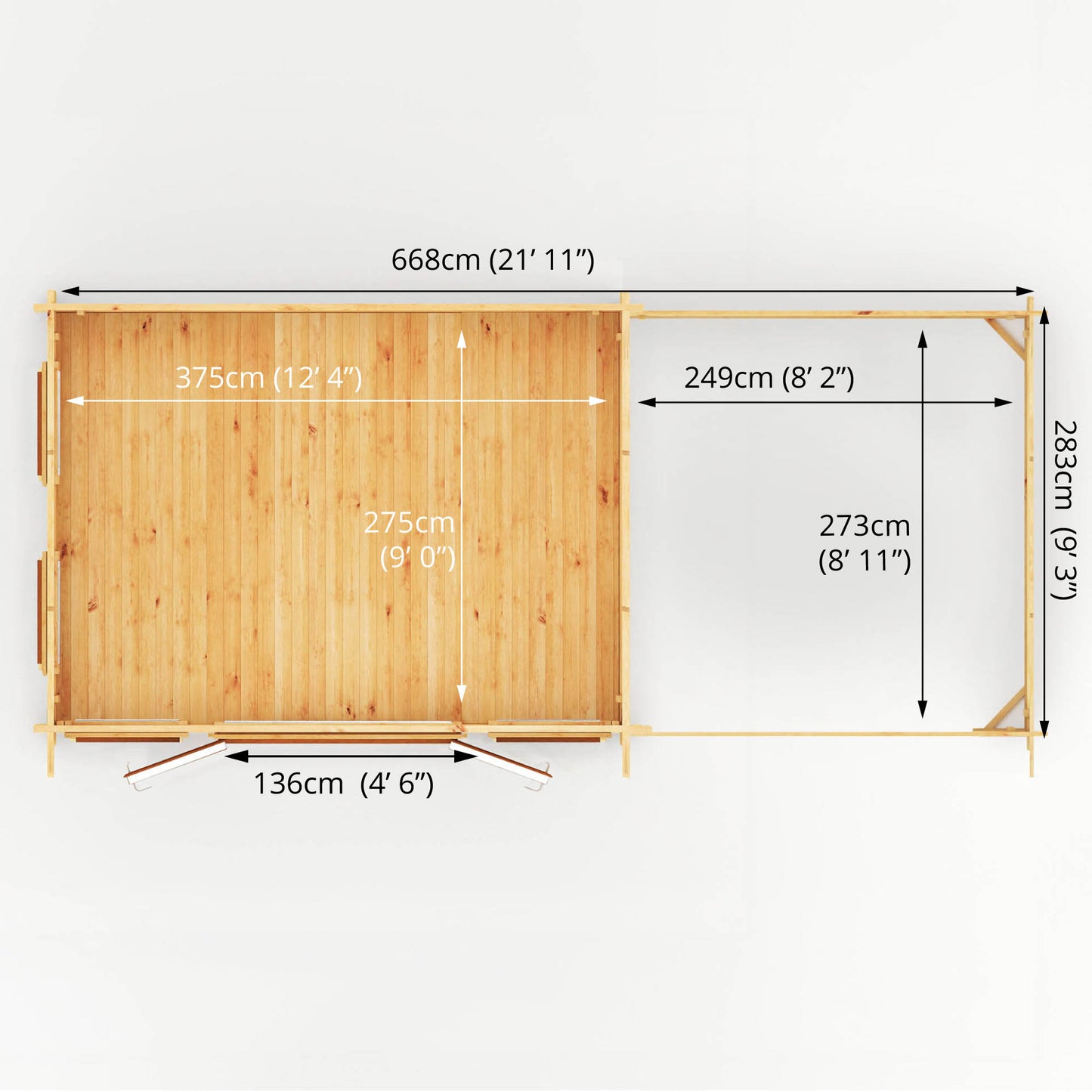 The 7m x 3m Wren Log Cabin with Slatted Area and Oak UPVC