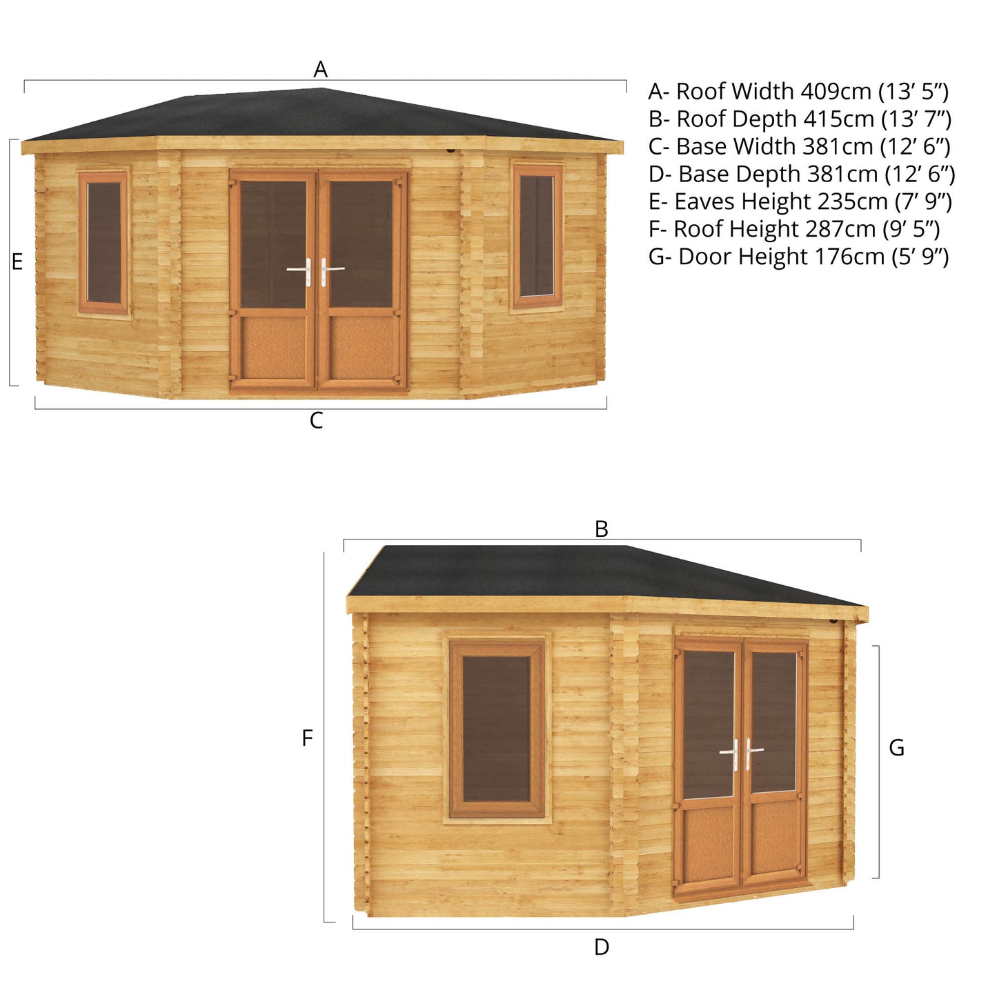 The 4m x 4m Goldcrest Corner Log Cabin with Oak UPVC