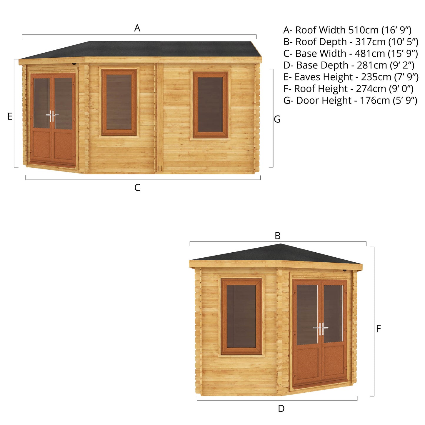 The Goldcrest 5m x 3m Log Cabin with Oak UPVC