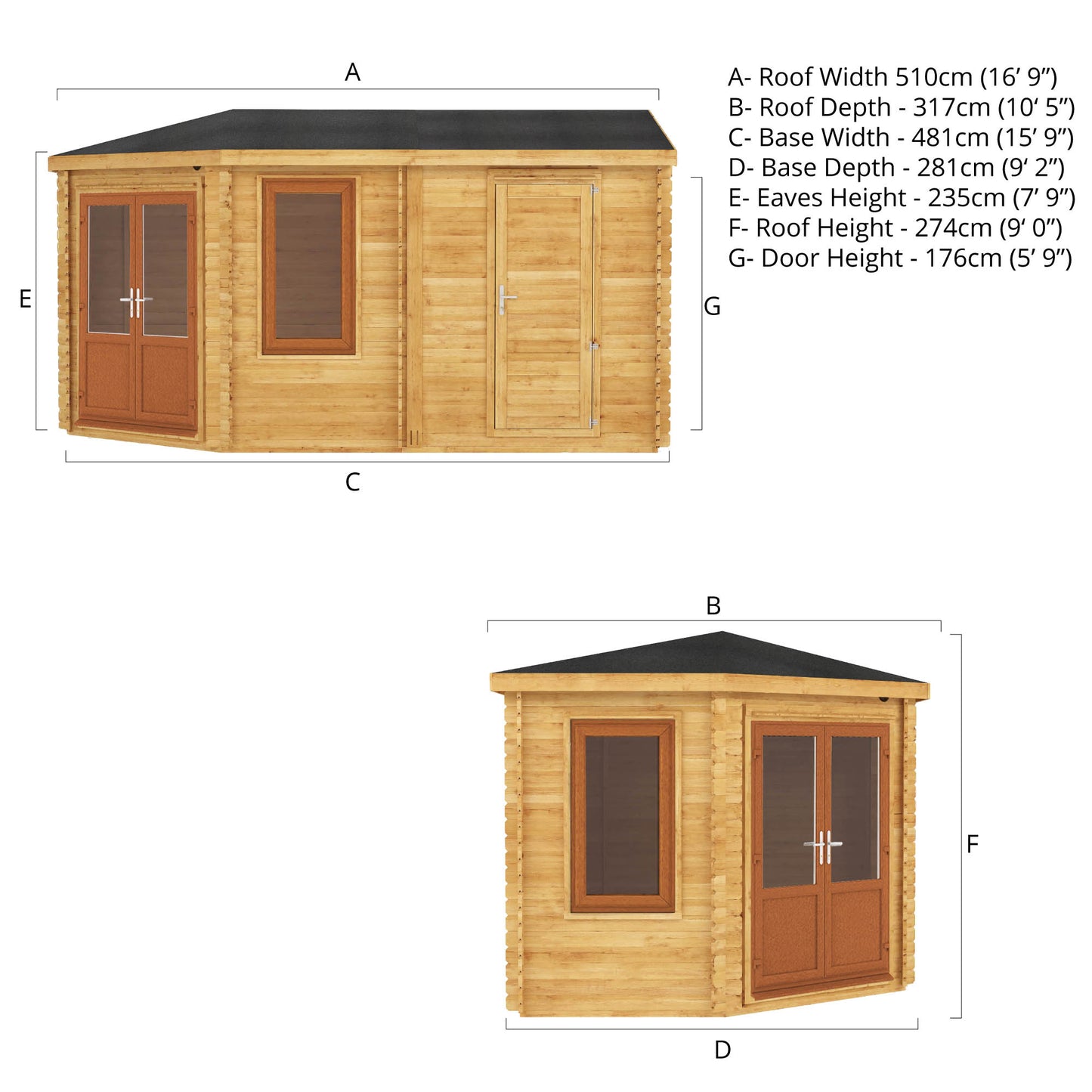 The Goldcrest 5m x 3m Log Cabin with Side Shed and Oak UPVC