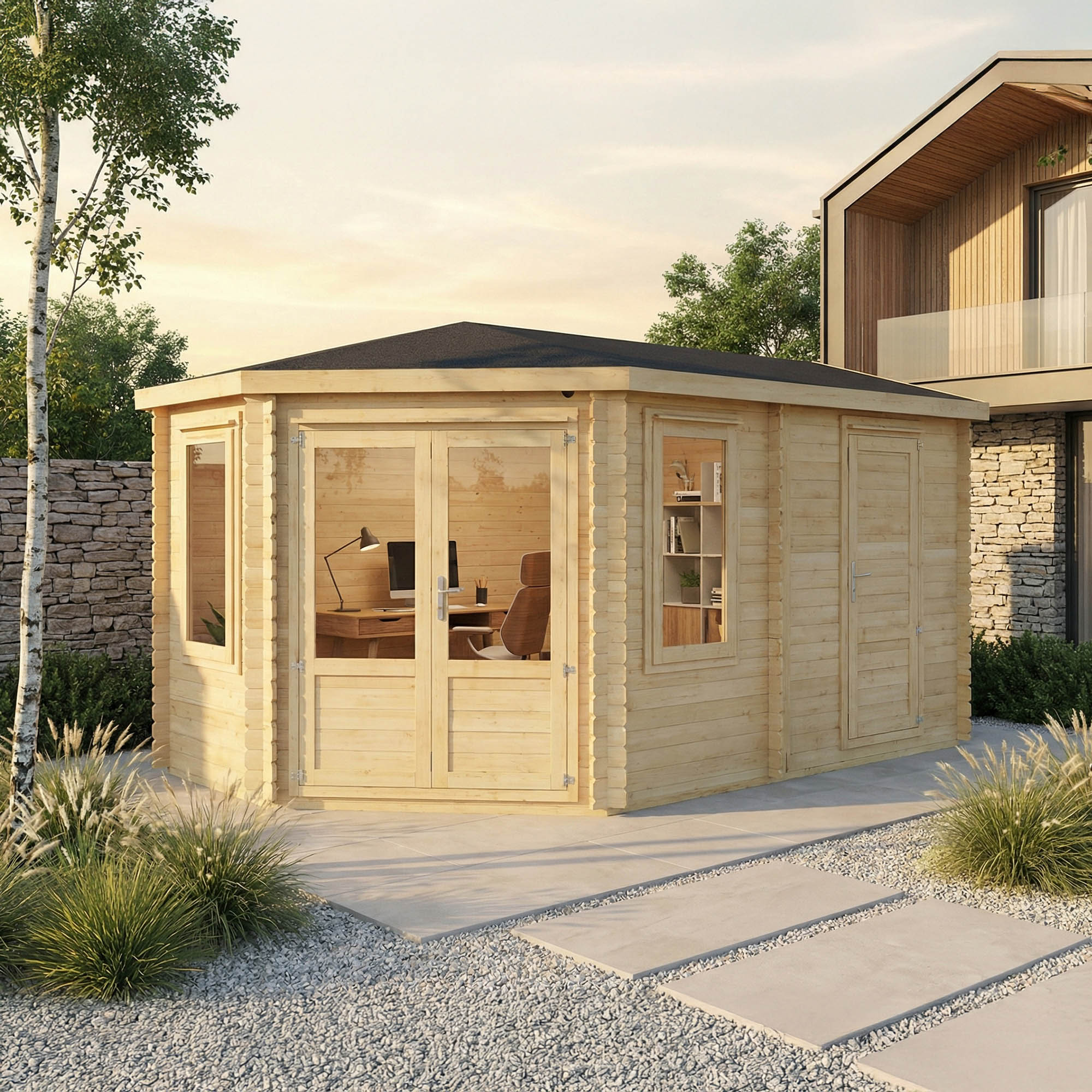 The Goldcrest Corner Log Cabin with Side Shed