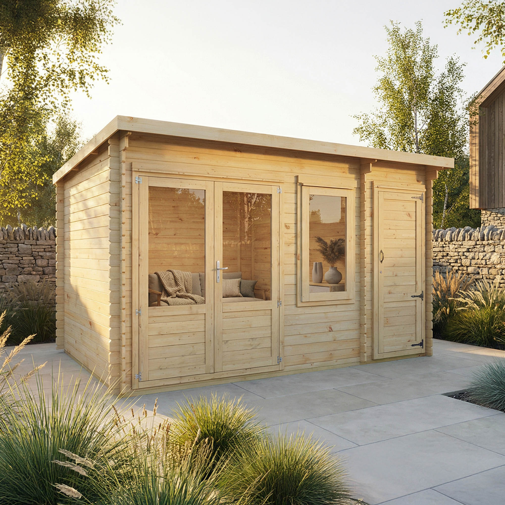 4.1m x 3m Cuckoo Log Cabin With Side Shed - 28mm