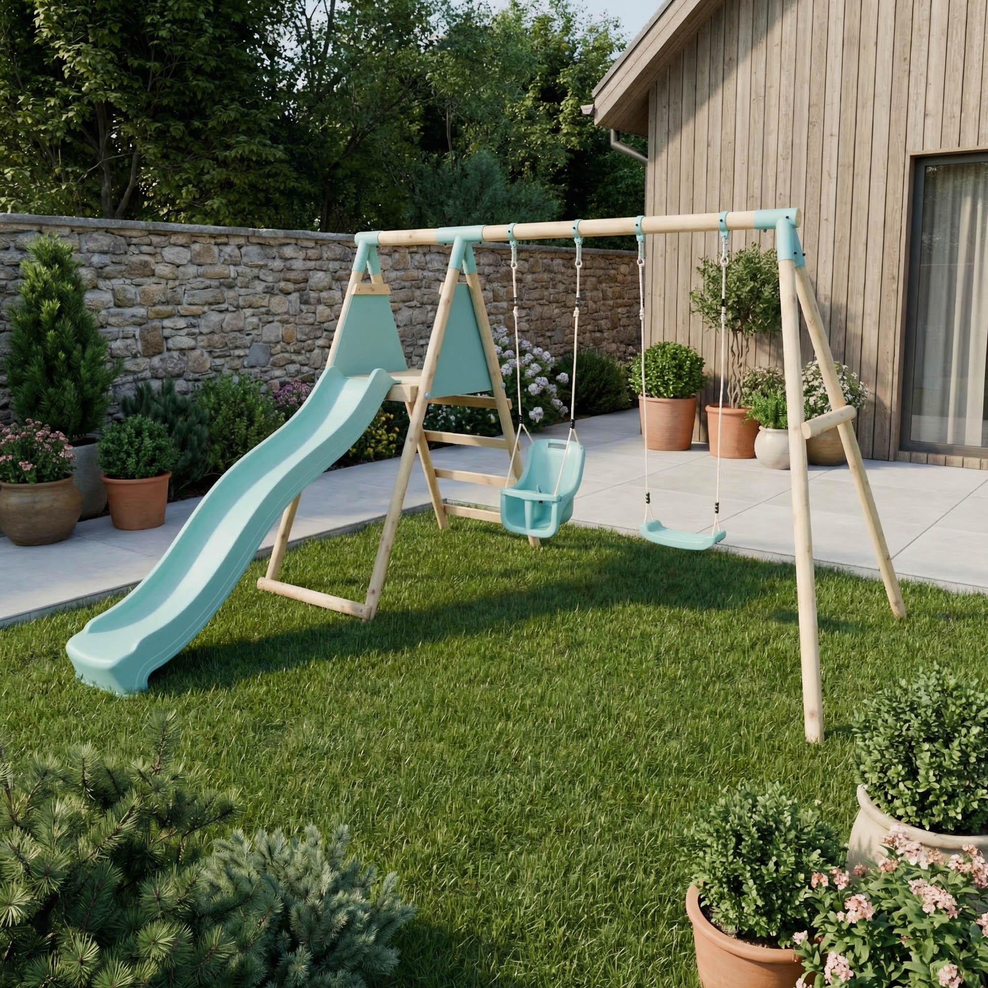 Double Wooden Swing Set with Baby Swing and Slide - Mossy Hollow II