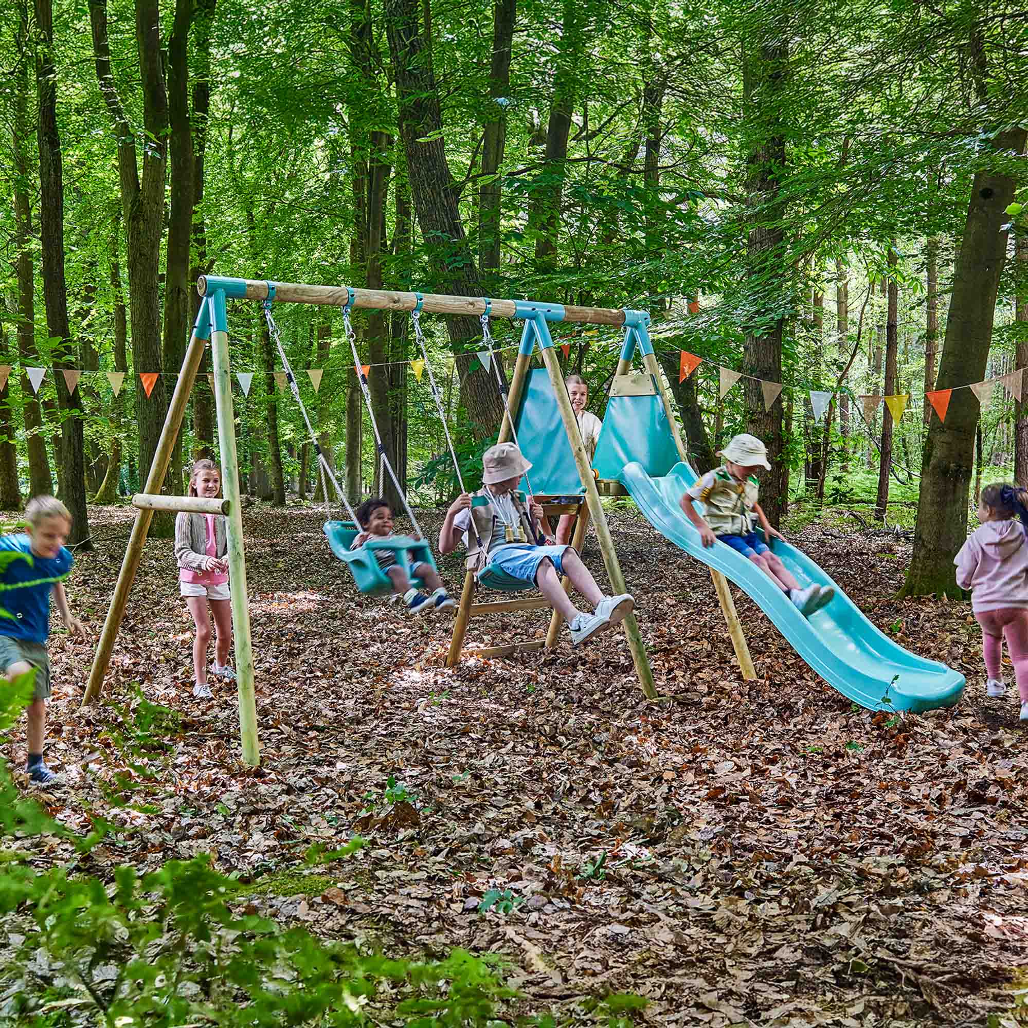 Double Wooden Swing Set with Baby Swing and Slide - Mossy Hollow II