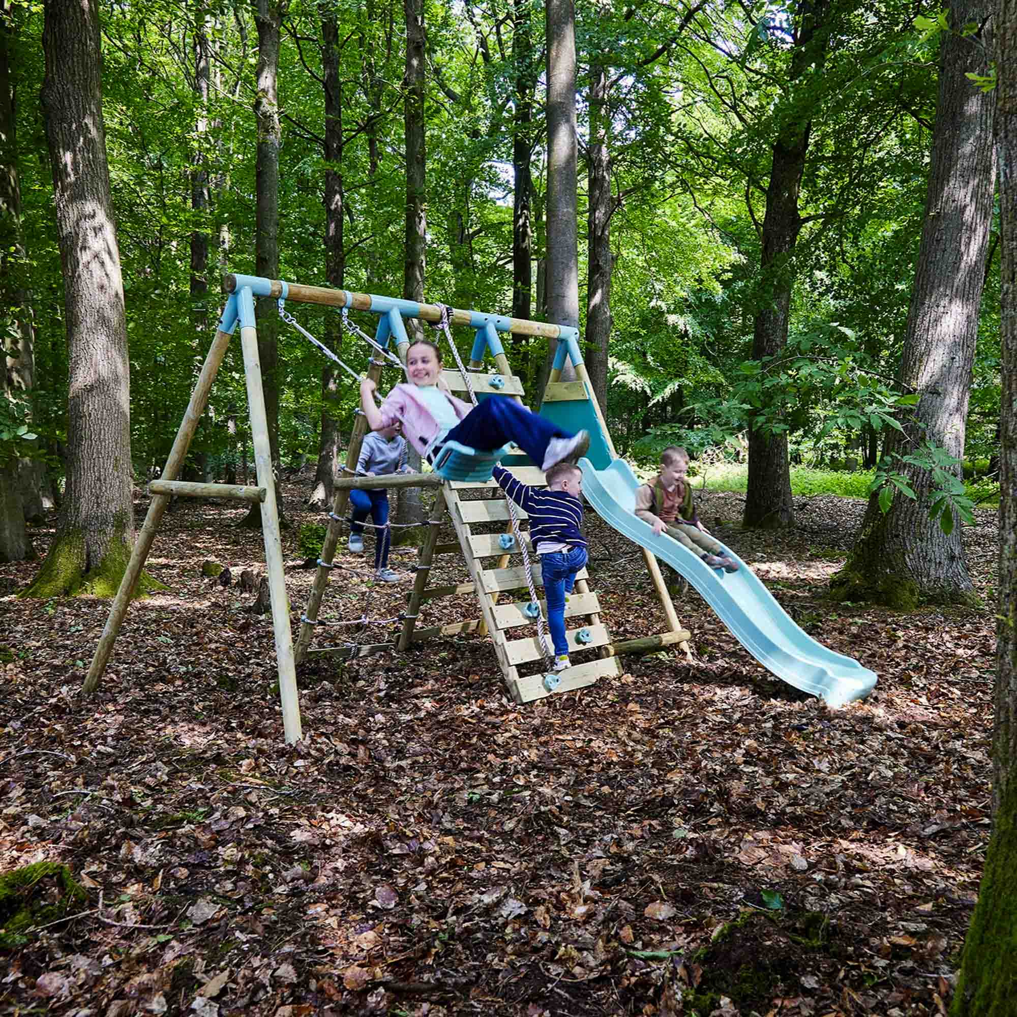 Single Wooden Swing Set with Climbing Wall and Slide - Badger Brook I
