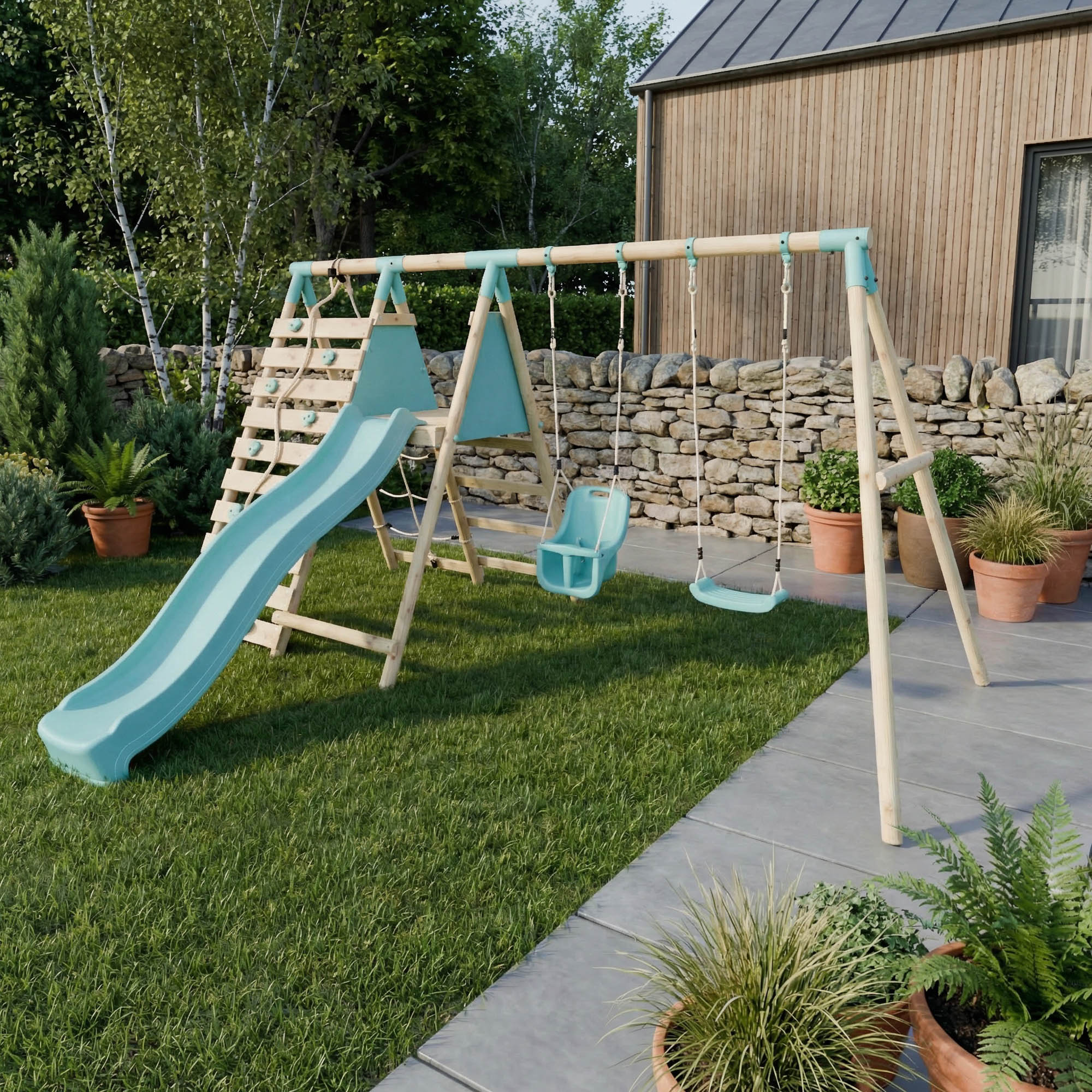 Double Wooden Swing Set with Baby Swing, Climbing Wall and Slide - Stagwood II