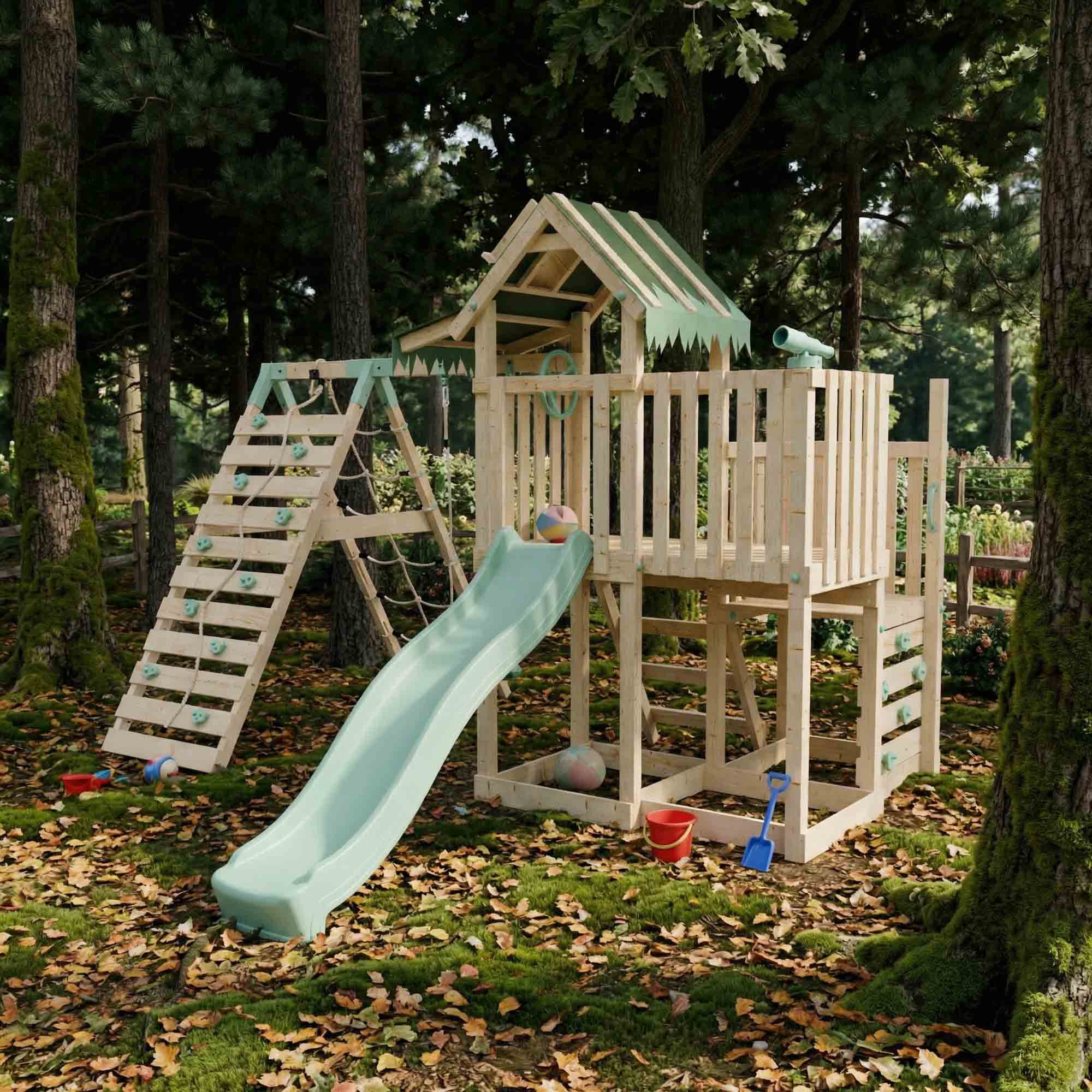 Extended Climbing Frame With Step Up, Single Swing & Climbing Wall - Maplewood V