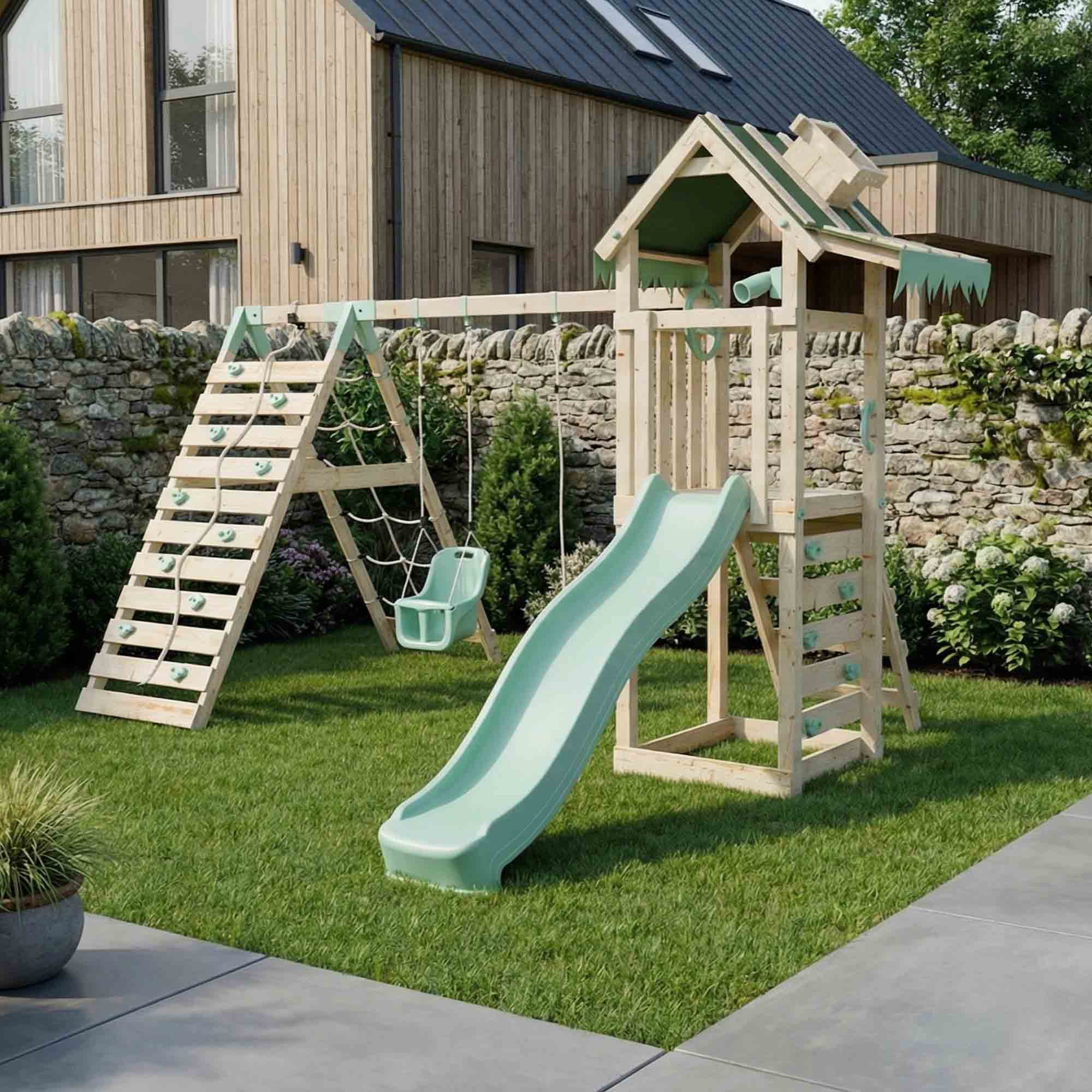 Climbing Frame With Double Swing & Climbing Wall - Eldertree Forest VIII