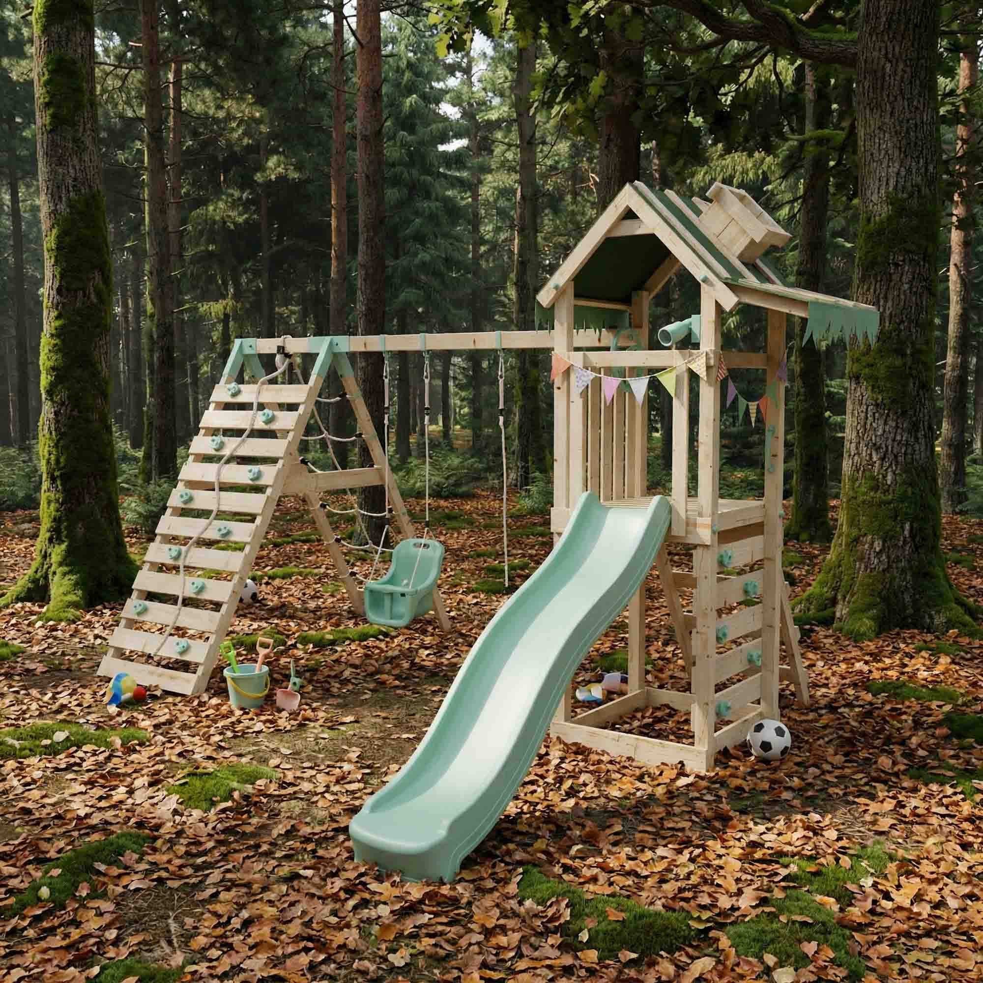 Climbing Frame With Double Swing & Climbing Wall - Eldertree Forest VIII