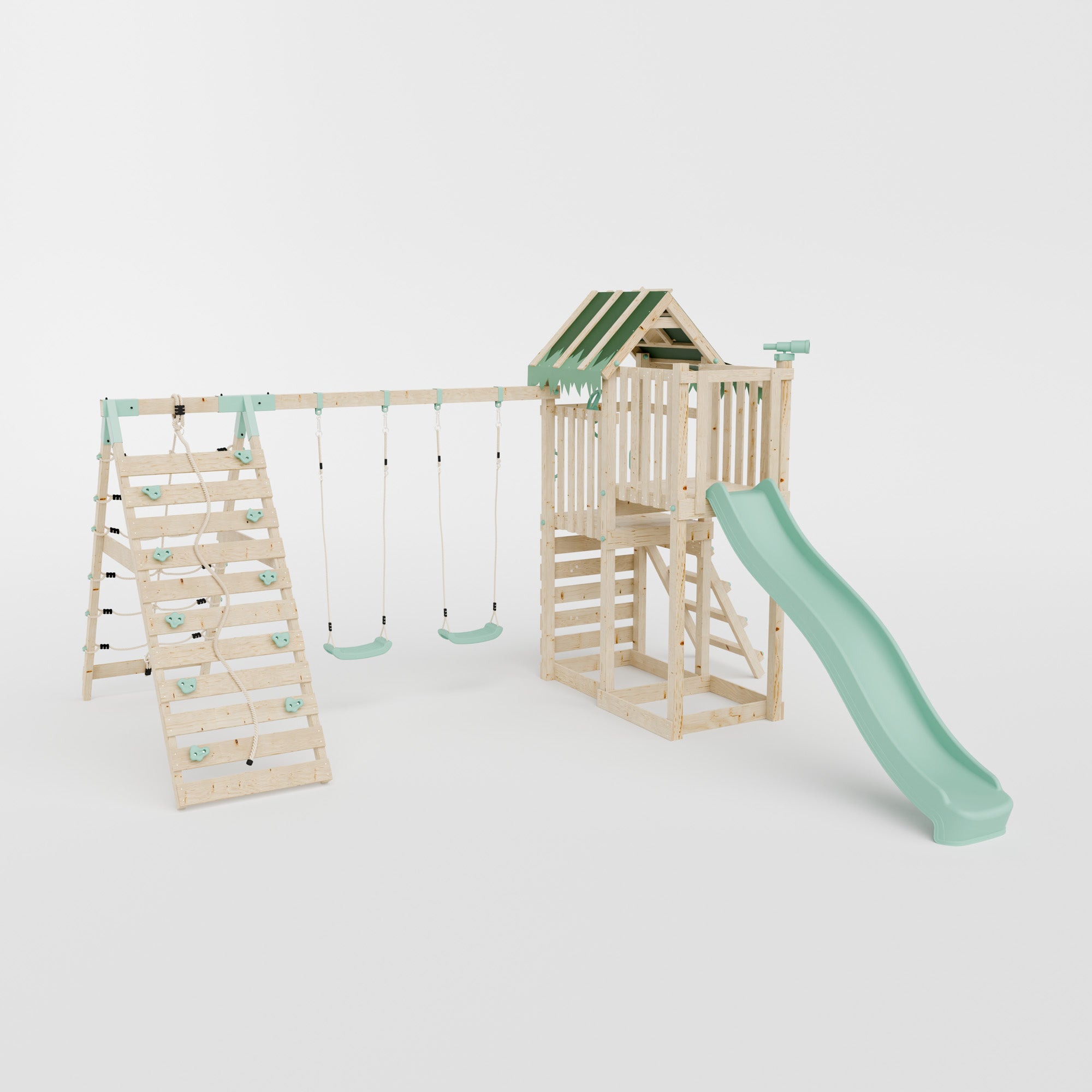 Climbing Frame with Double Swing Extended Height Platform & Climbing Wall & 2.65m Slide - Eldertree Forest Watchtower III