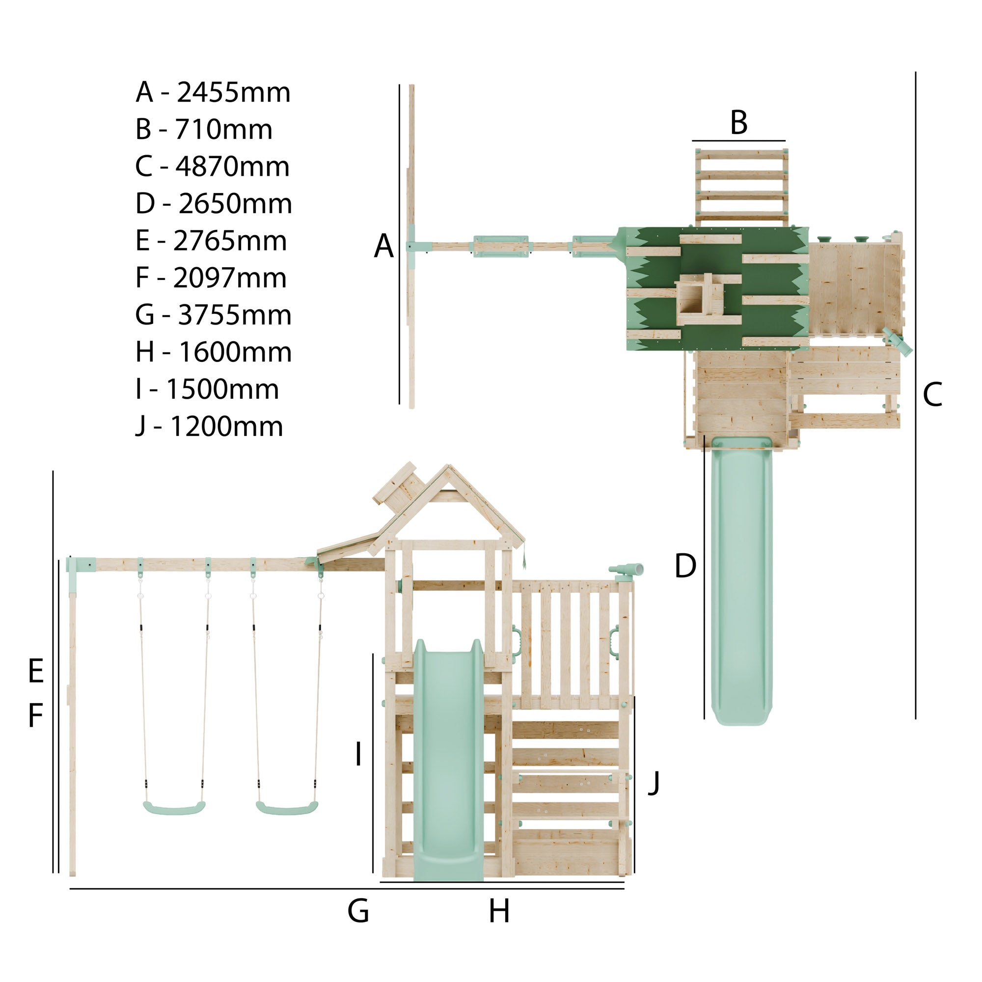 Climbing Frame with Double Swing Extended Height Platform & 2.65m Slide & Picnic Table - Eldertree Forest Watchtower VI