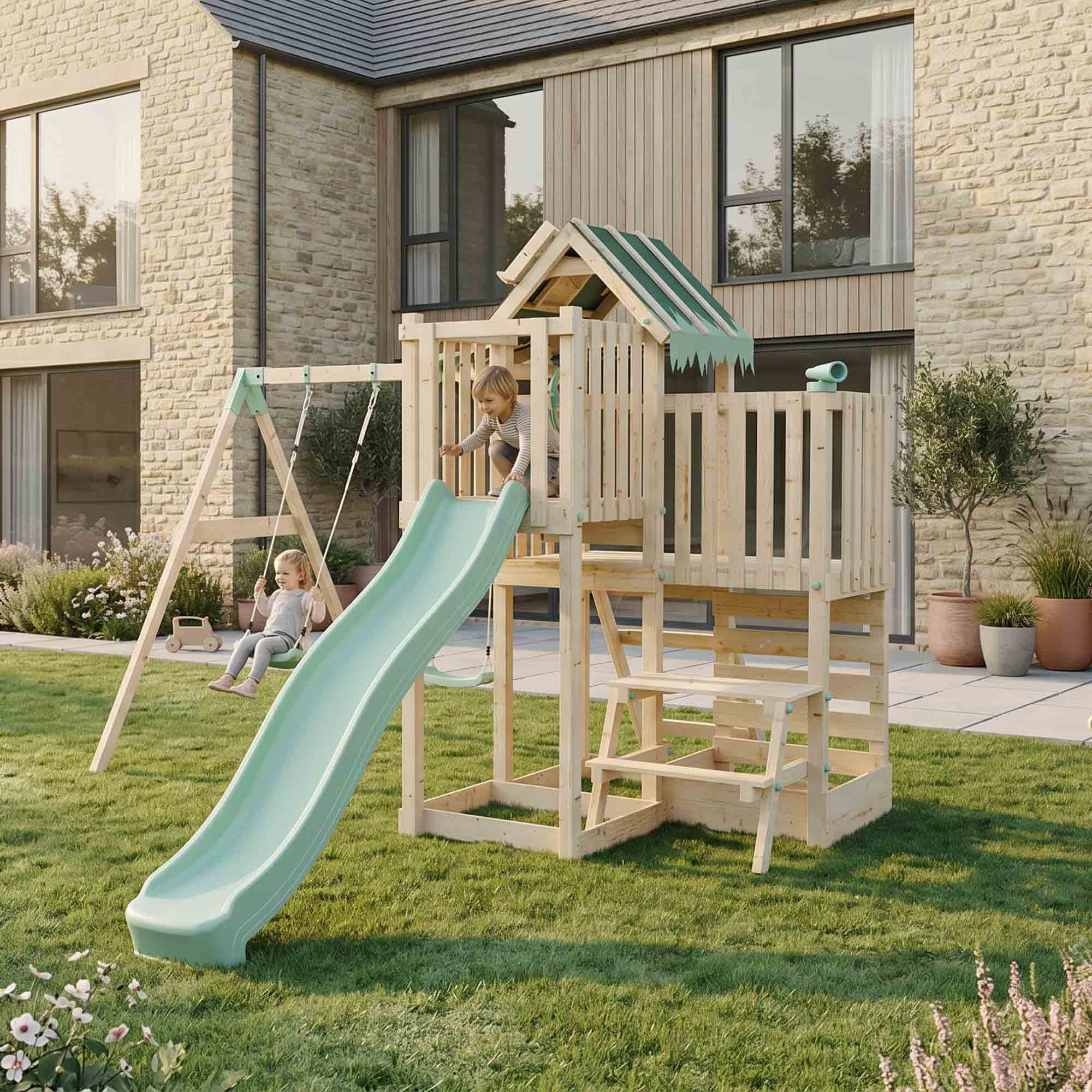 Climbing Frame with Double Swing Extended Height Platform & 2.65m Slide & Picnic Table - Eldertree Forest Watchtower VI