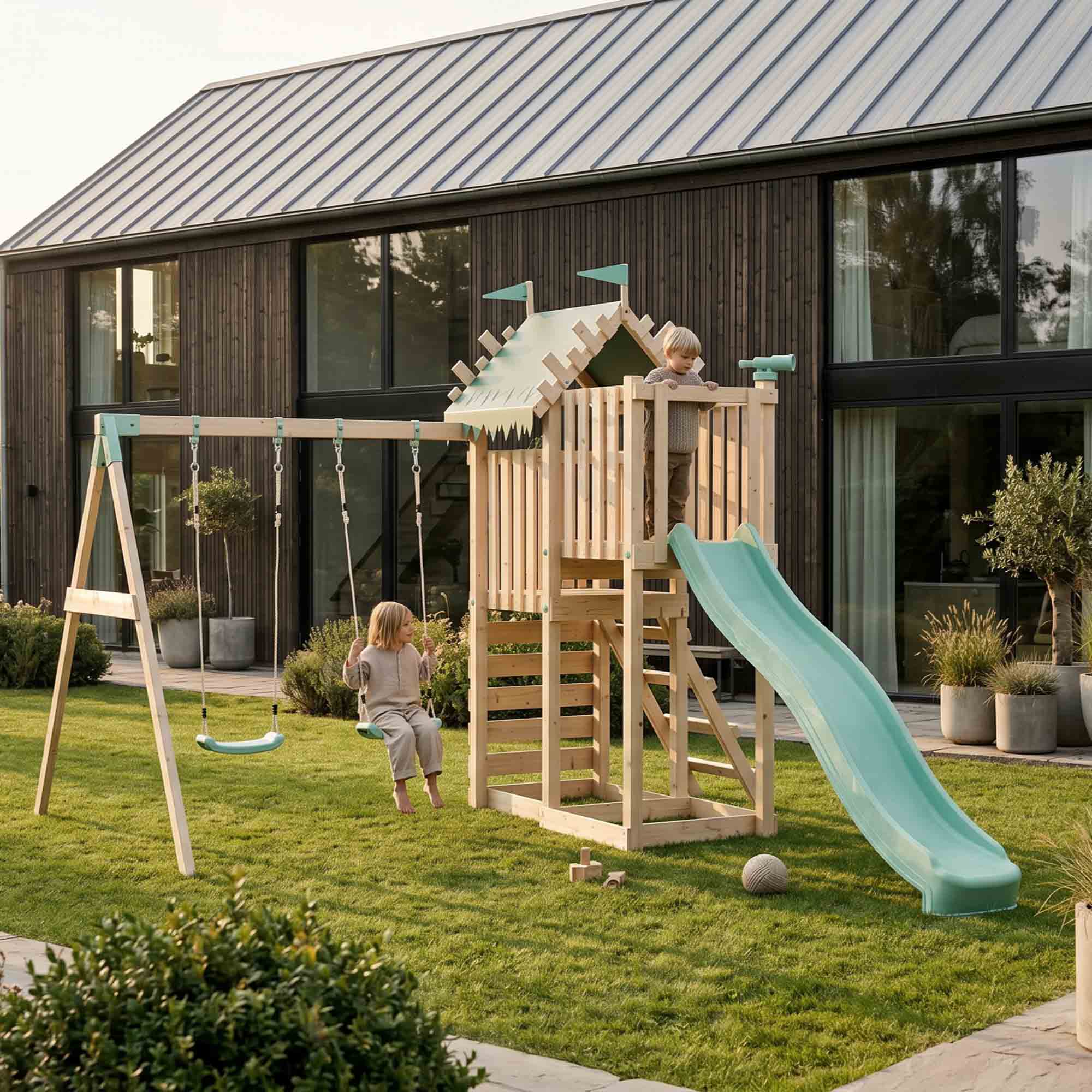 Climbing Frame with Double Swing Extended Height Platform & 2.65m Slide - Enchanted Grove Watchtower II