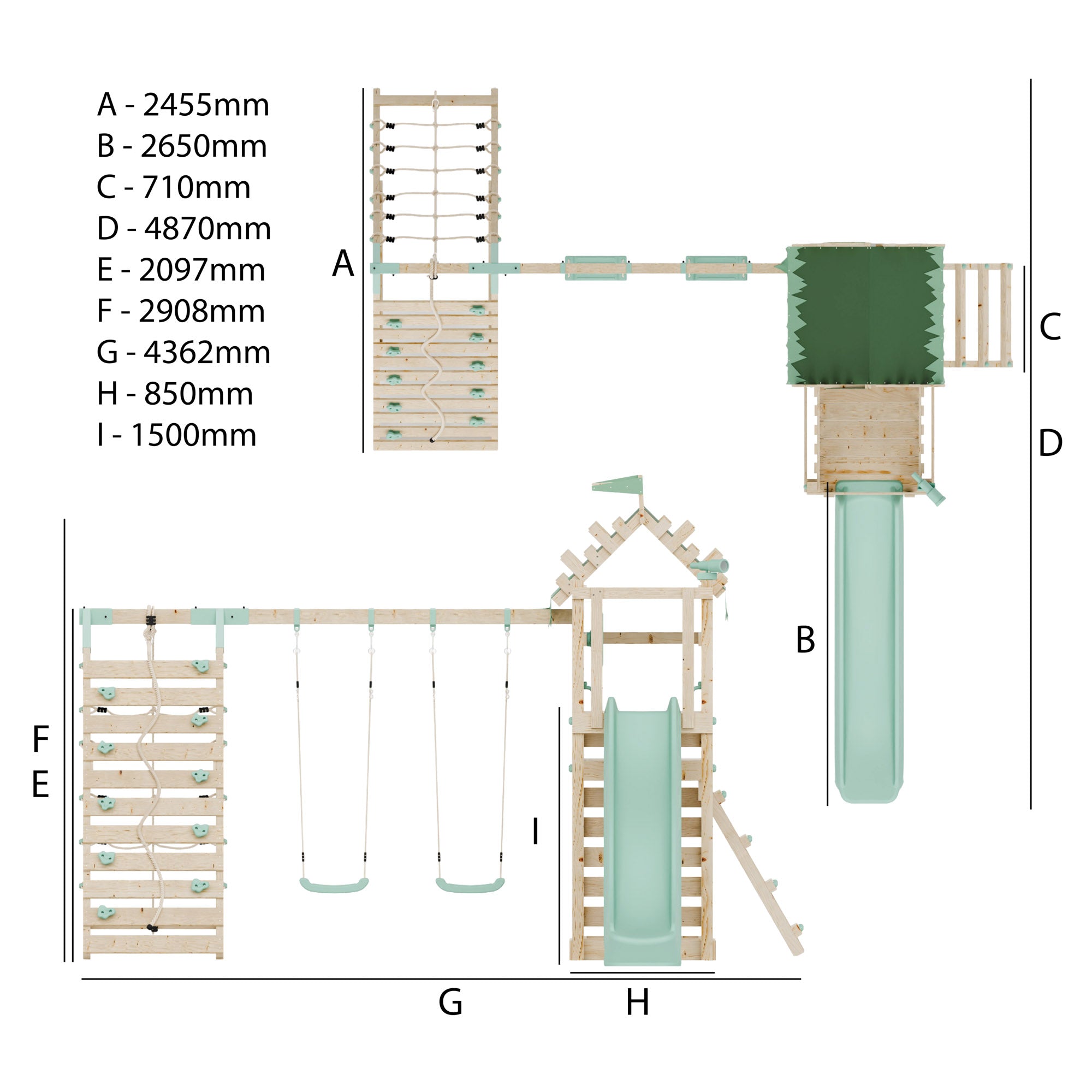 Climbing Frame with Double Swing Extended Height Platform & Climbing Wall & 2.65m Slide - Enchanted Grove Watchtower III