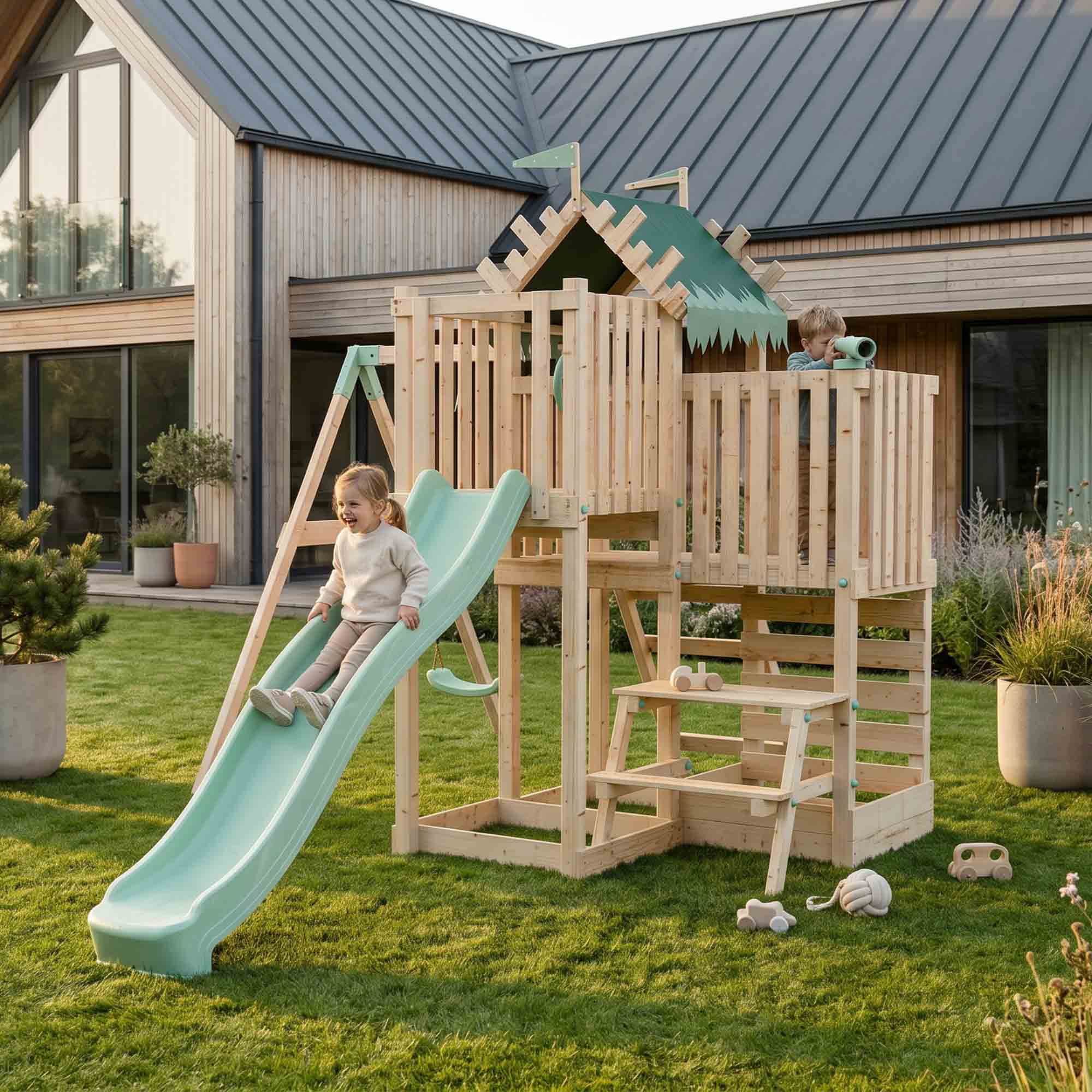 Climbing Frame with Single Swing Extended Height Platform & 2.65m Slide & Picnic Table - Enchanted Grove Watchtower IV