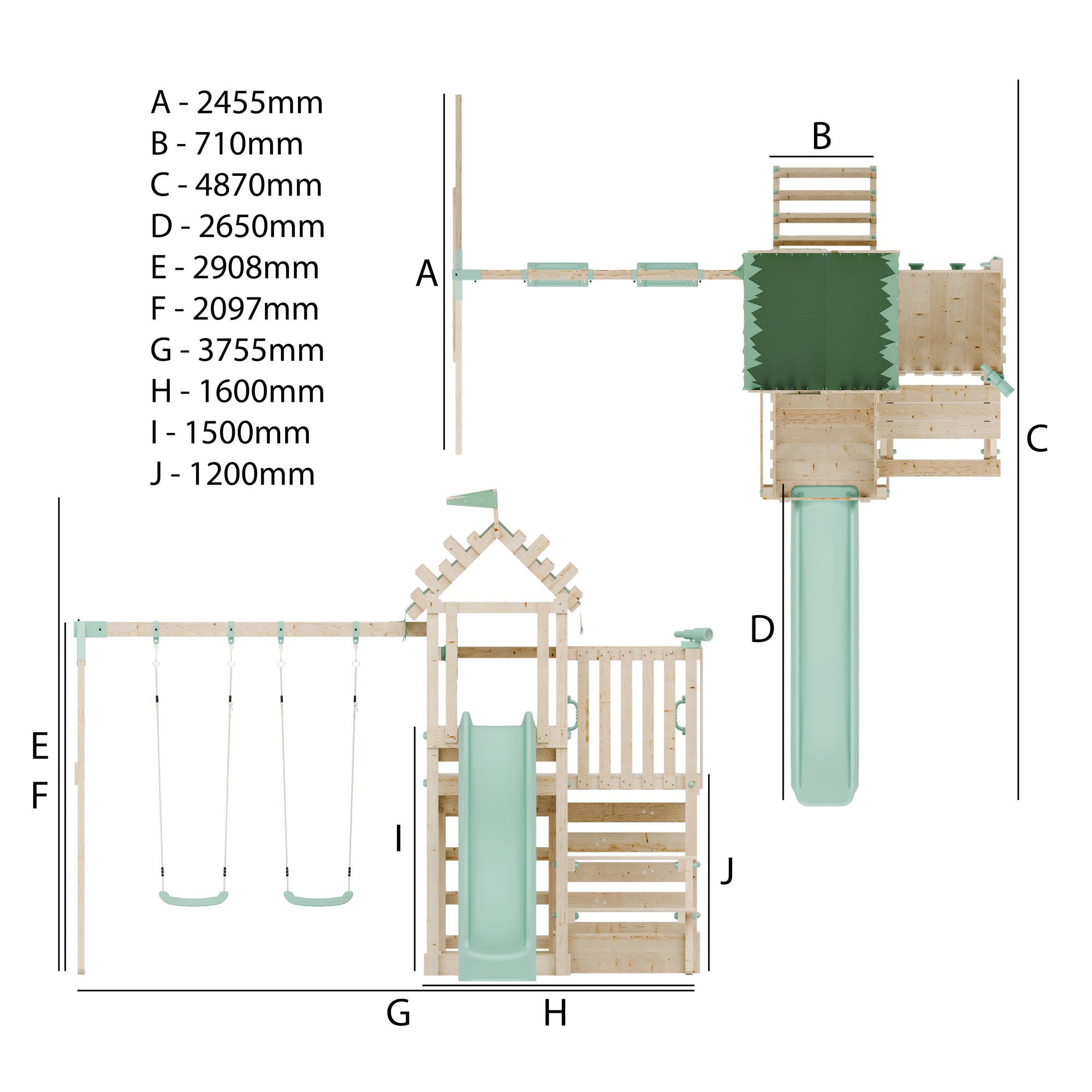 Climbing Frame with Double Swing Extended Height Platform & 2.65m Slide & Picnic Table - Enchanted Grove Watchtower VI