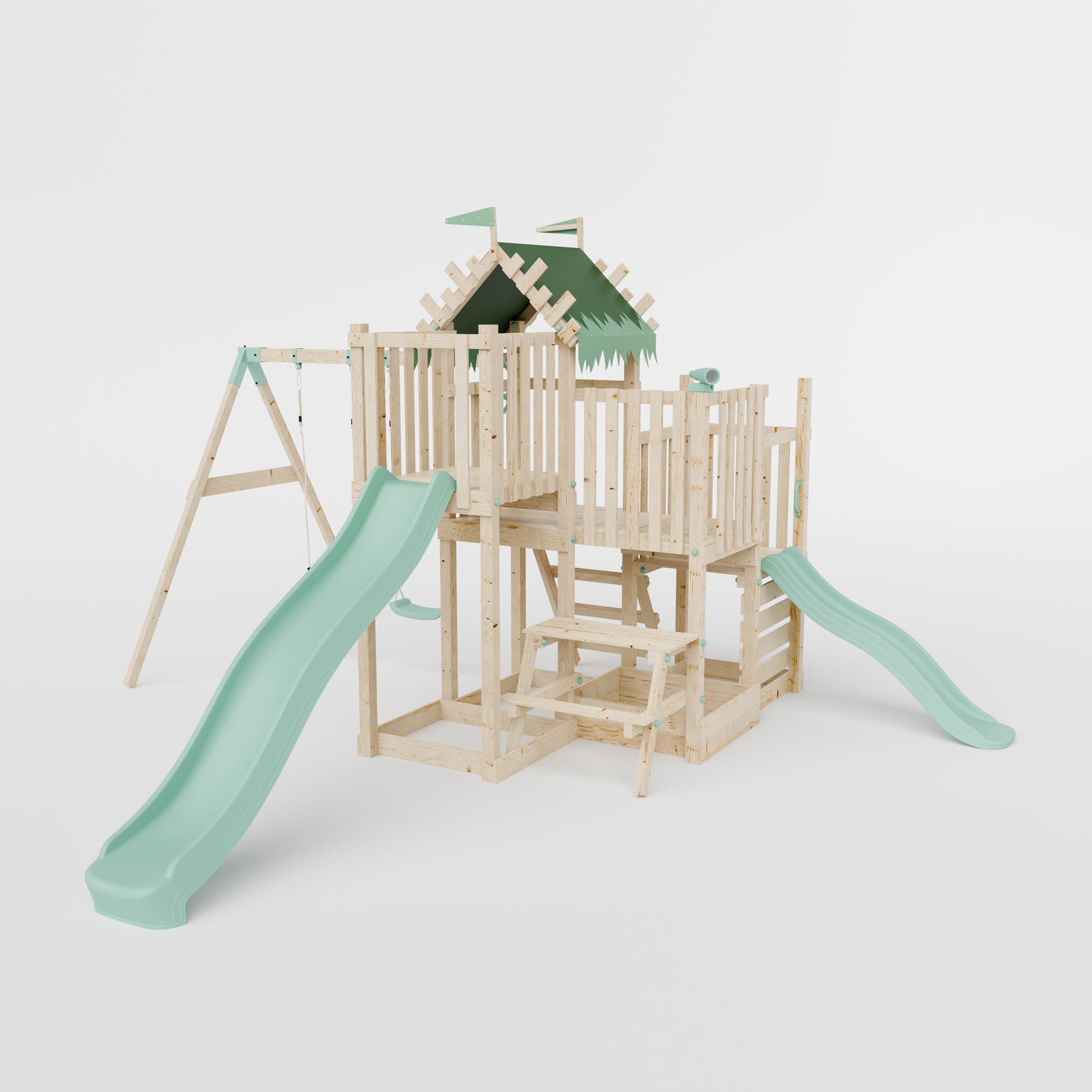 Climbing Frame with Double Swing Triple Platform & Double Slides & Picnic Tower - Enchanted Grove Watchtower VII
