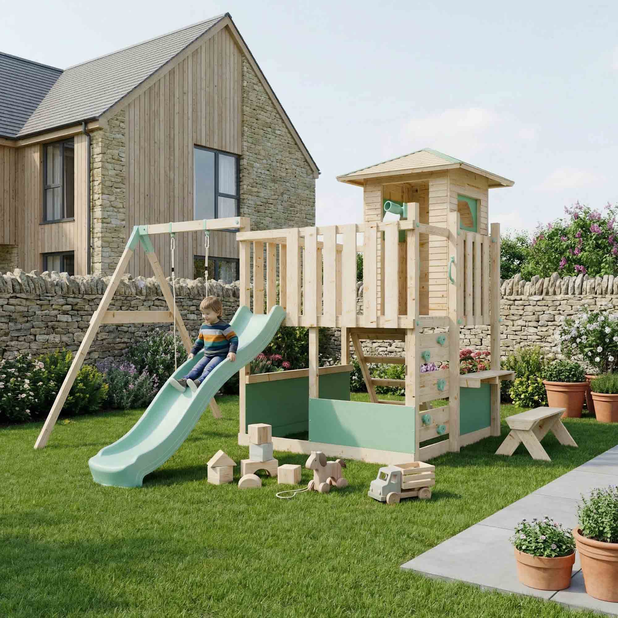 LittleSummit Small Tower Playhouse with Swing