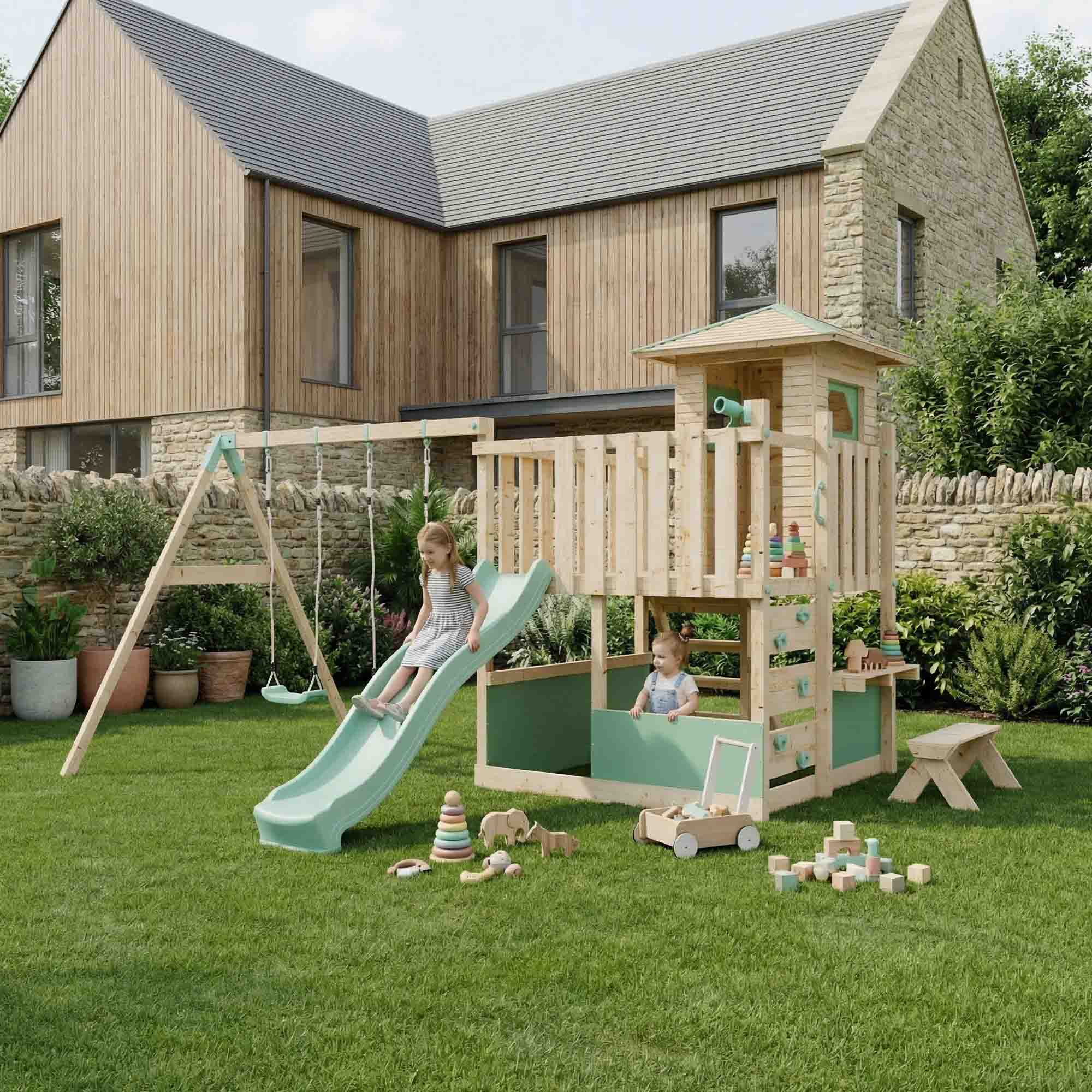 LittleSummit Small Tower Playhouse with Double Swing