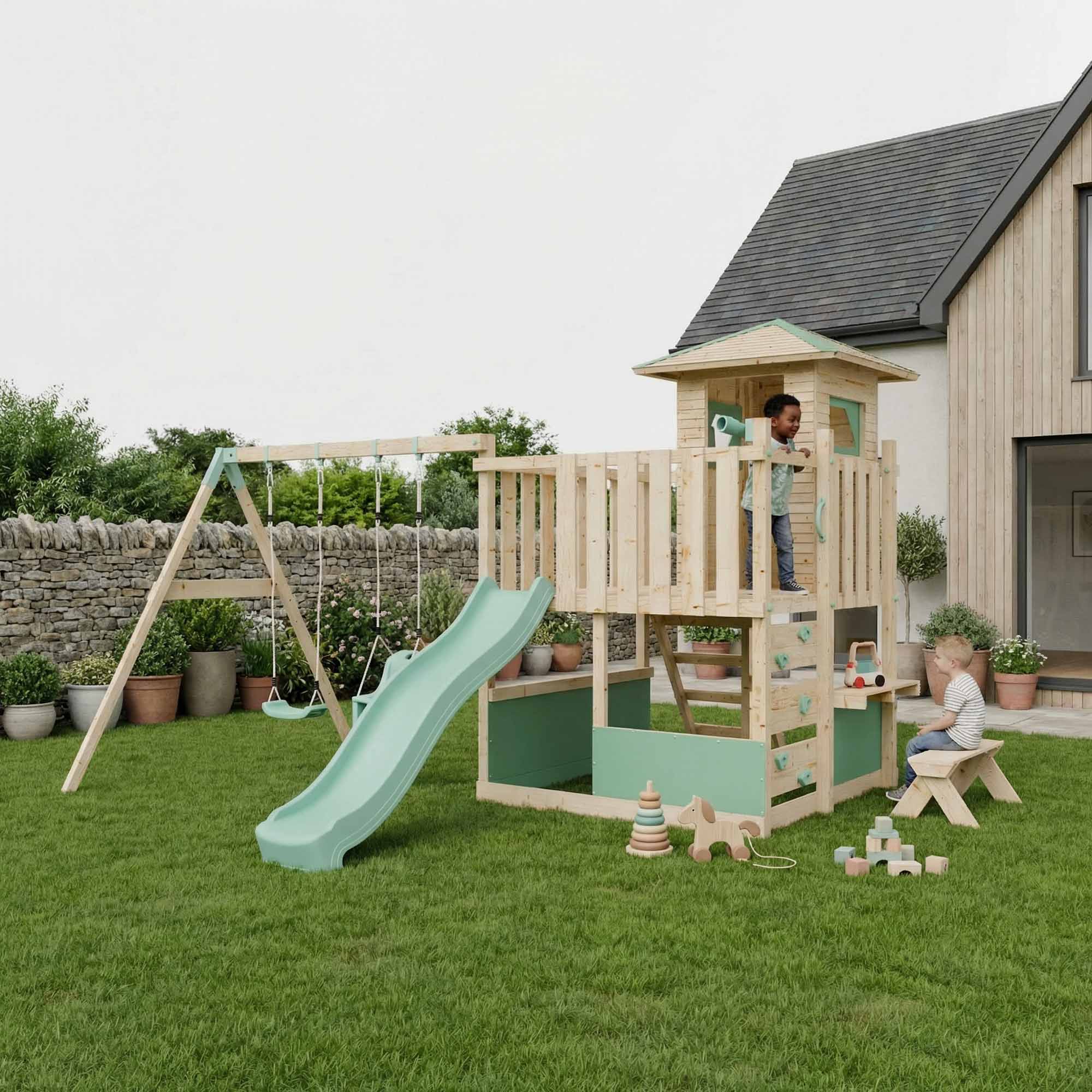LittleSummit Tower with Small Playhouse & Double Swing