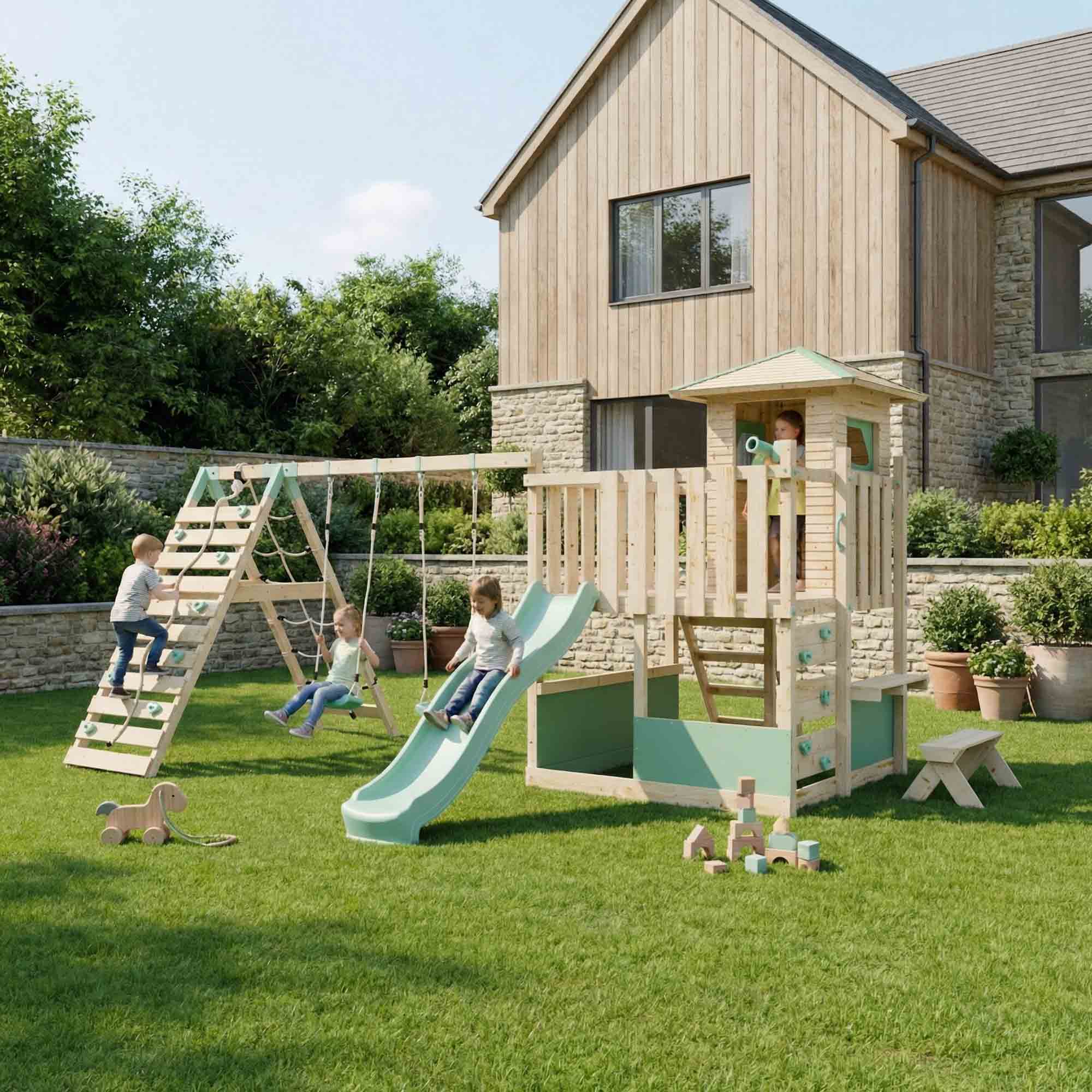 LittleSummit Tower with Small Playhouse, Double Swing & Climbing Wall