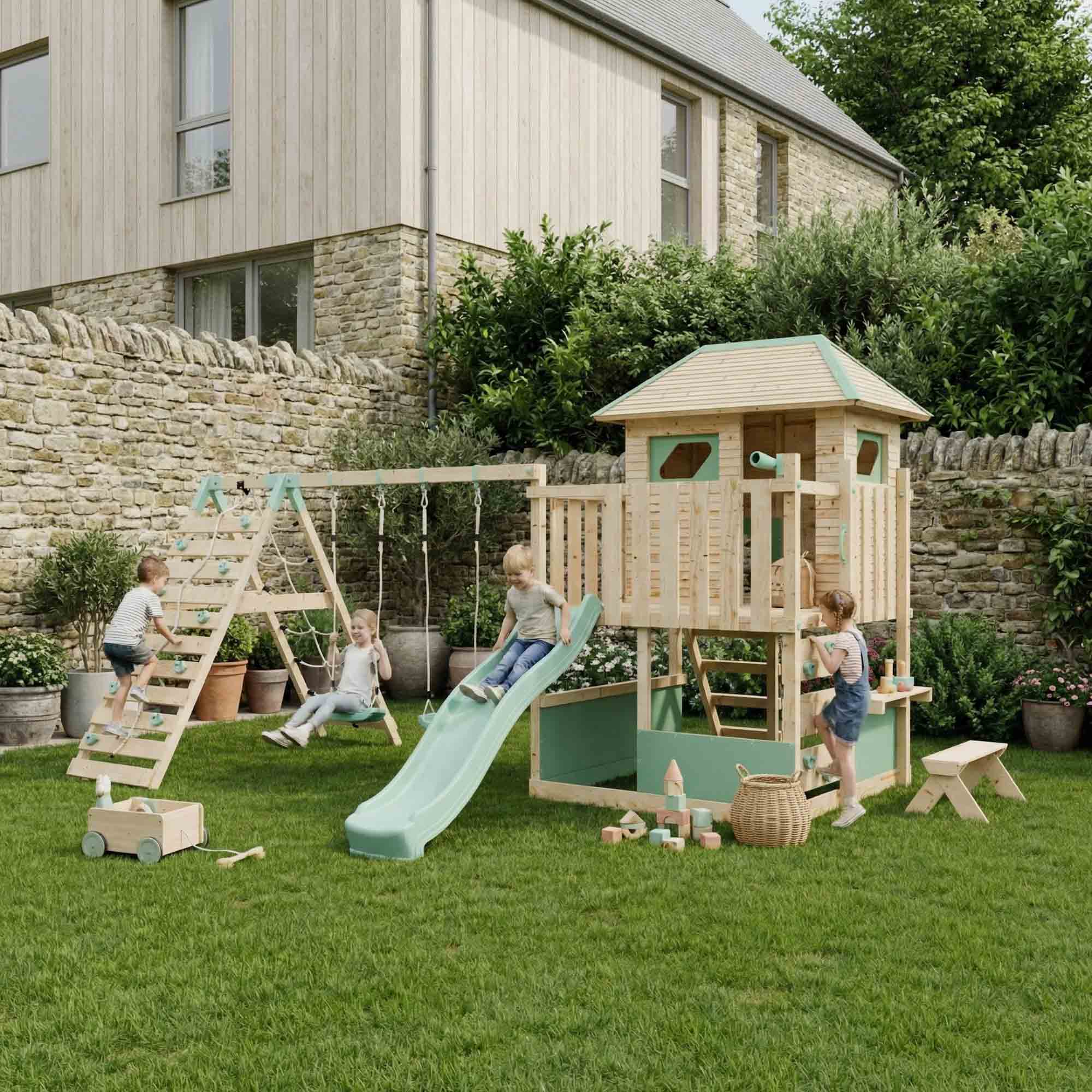LittleSummit Tower with Large Playhouse, Double Swing & Climbing Wall