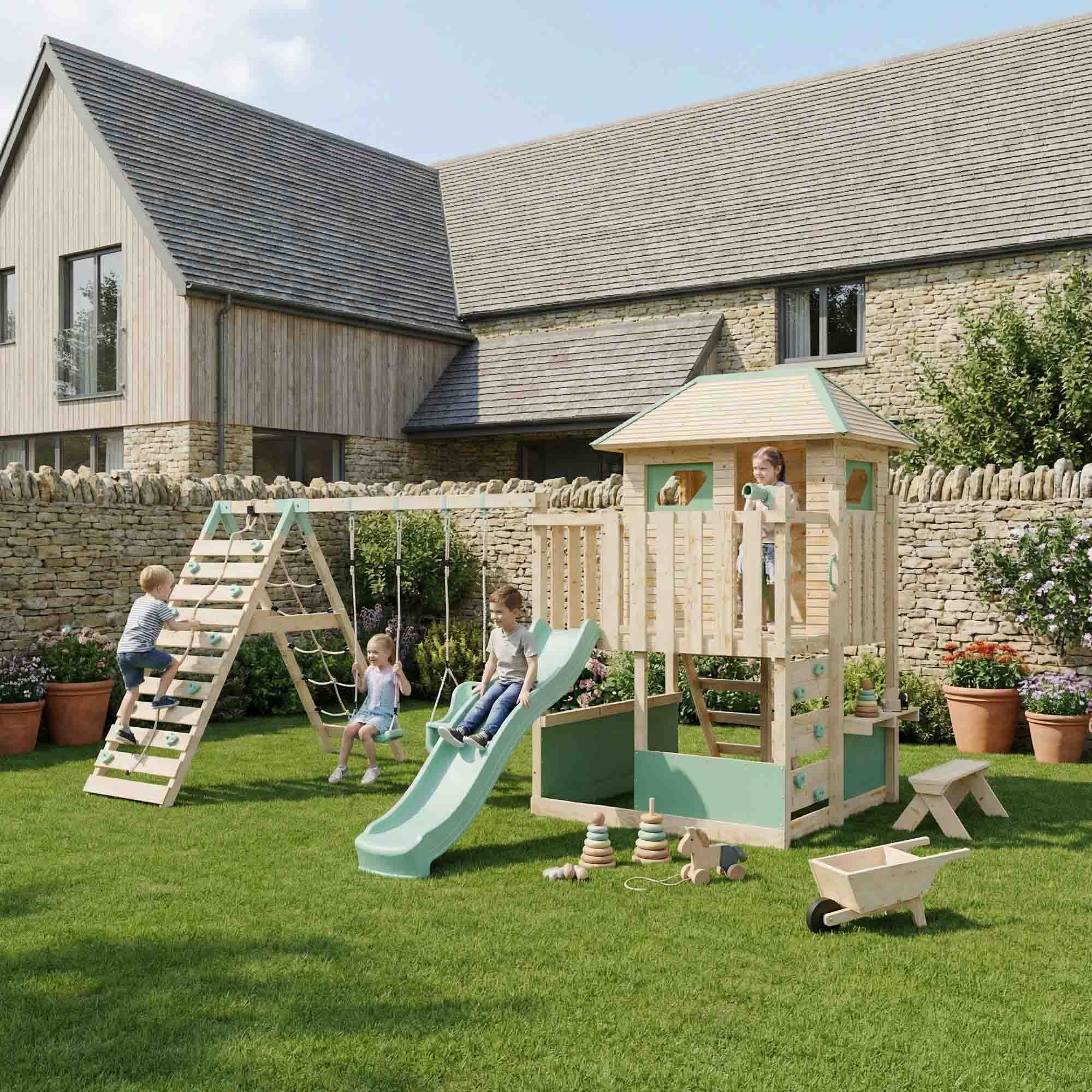 LittleSummit Large Tower Playhouse with Double Swing & Climbing Wall