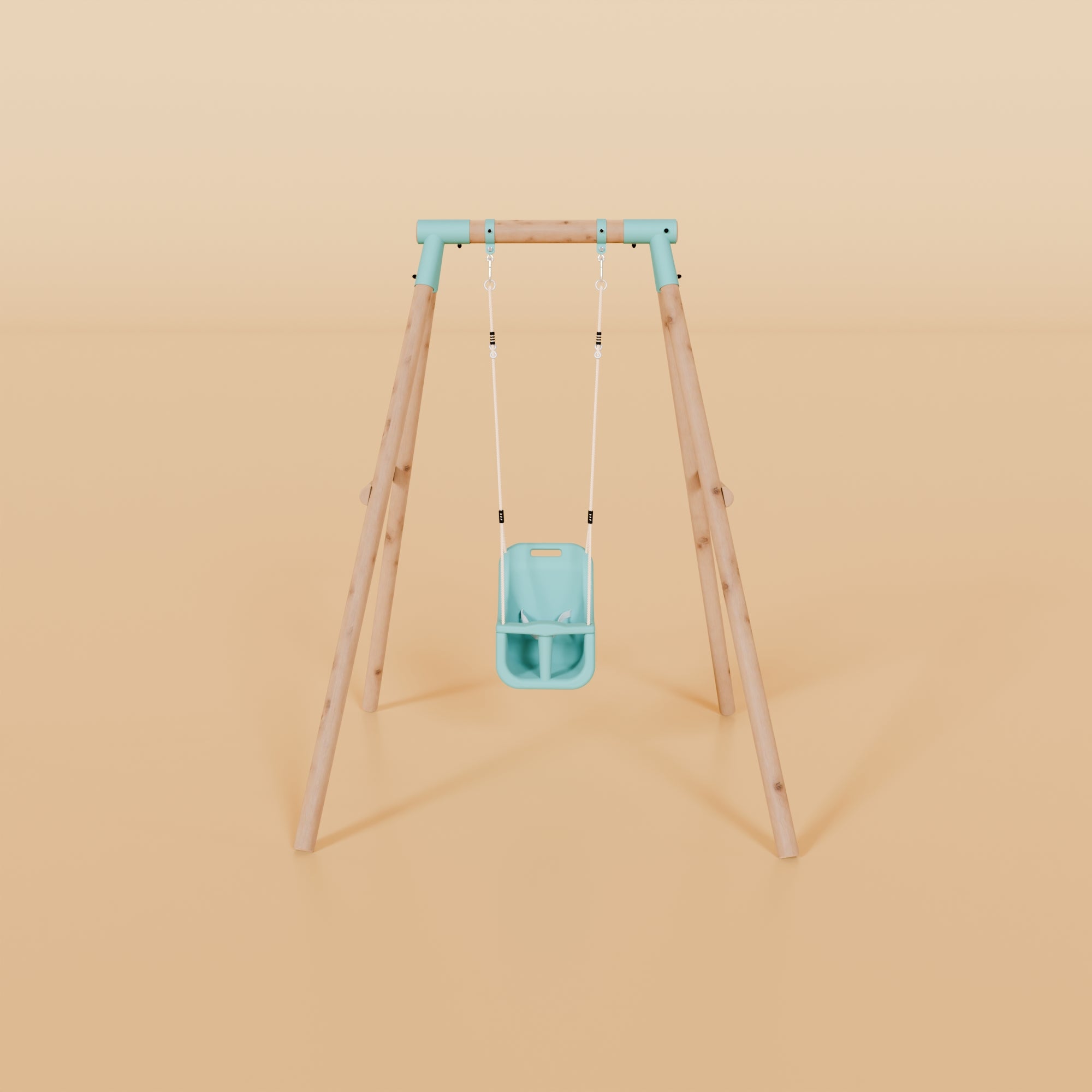Baby swing with a blue seat on a beige background