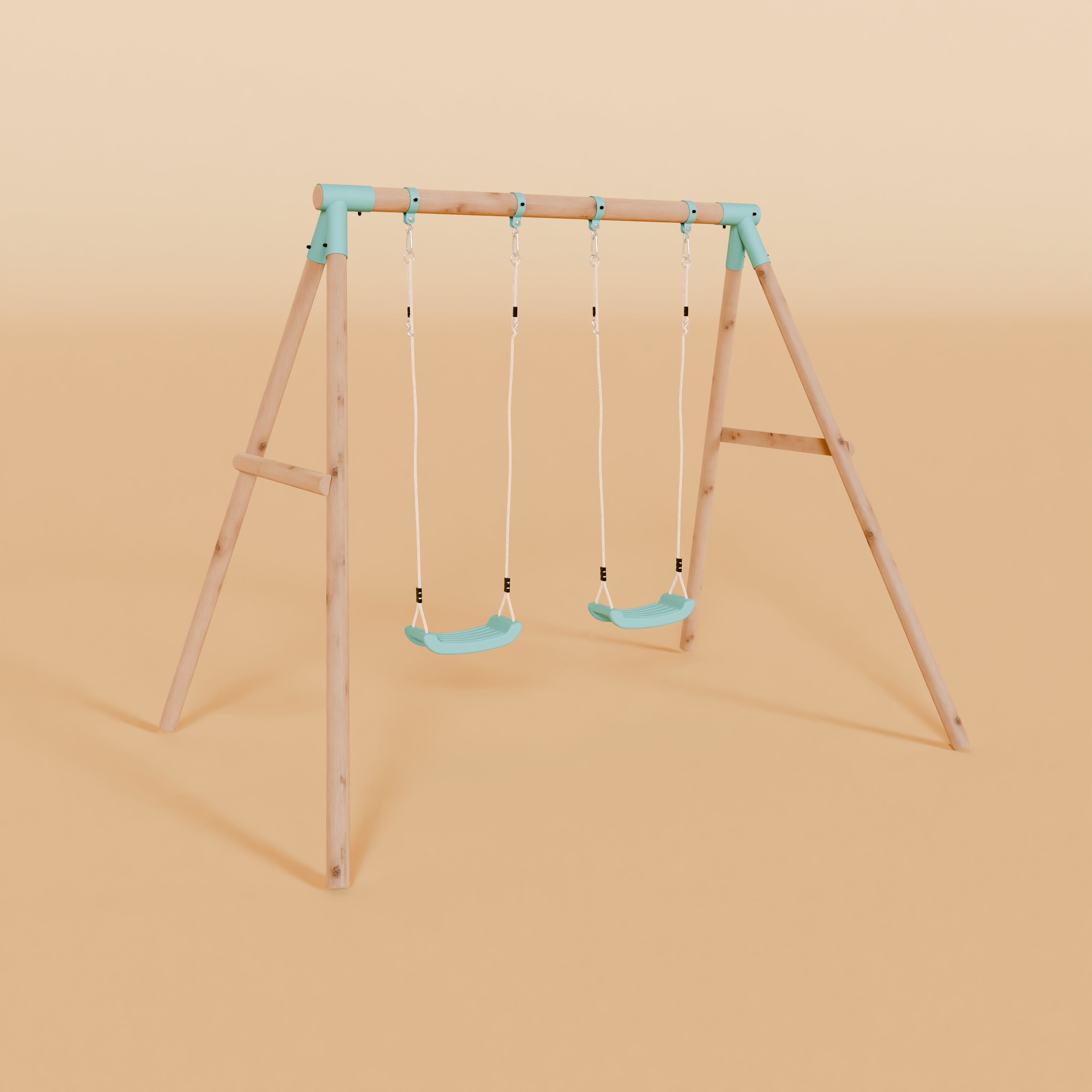 Children's swing set with two blue seats on a beige background