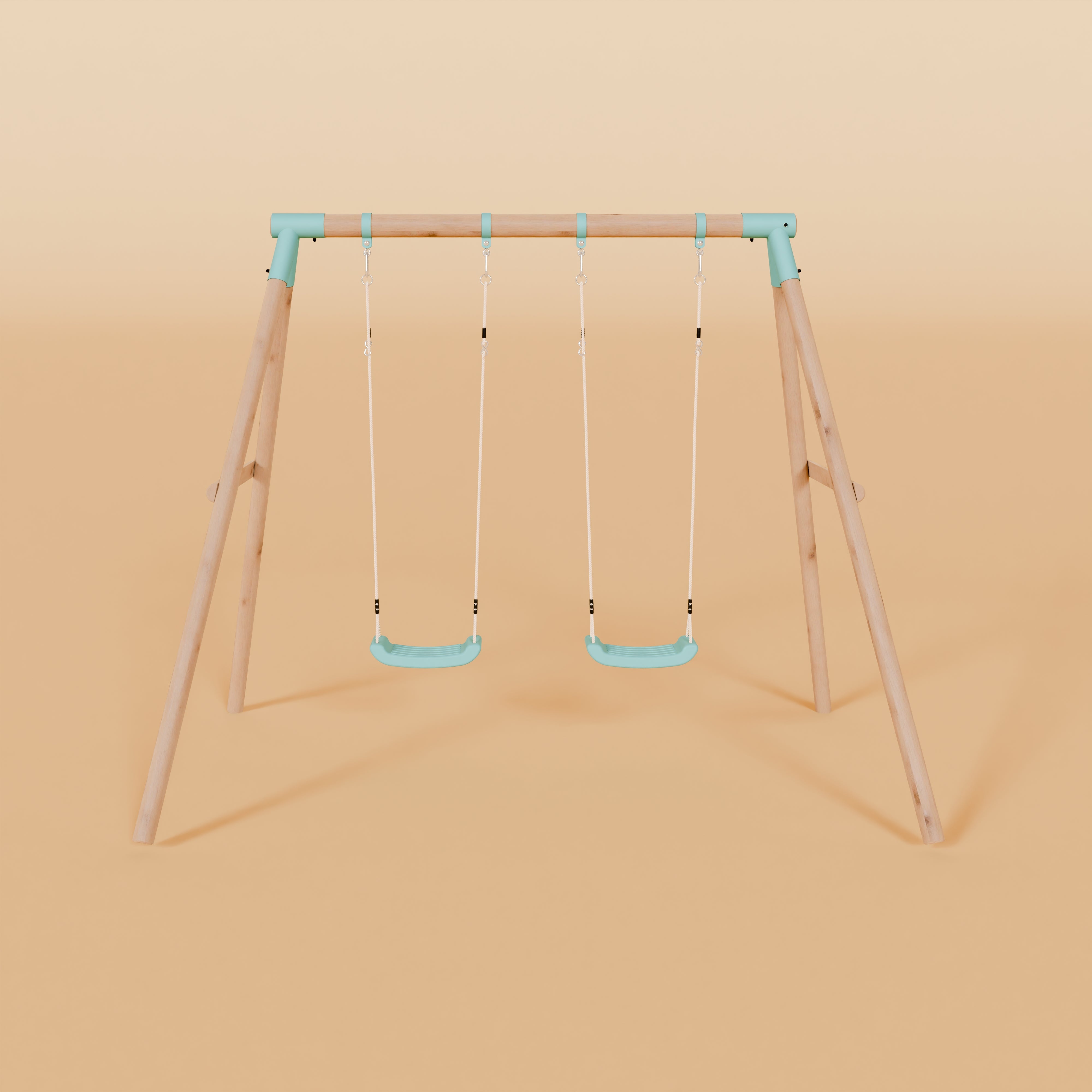 Children's swing set with two blue seats on a beige background