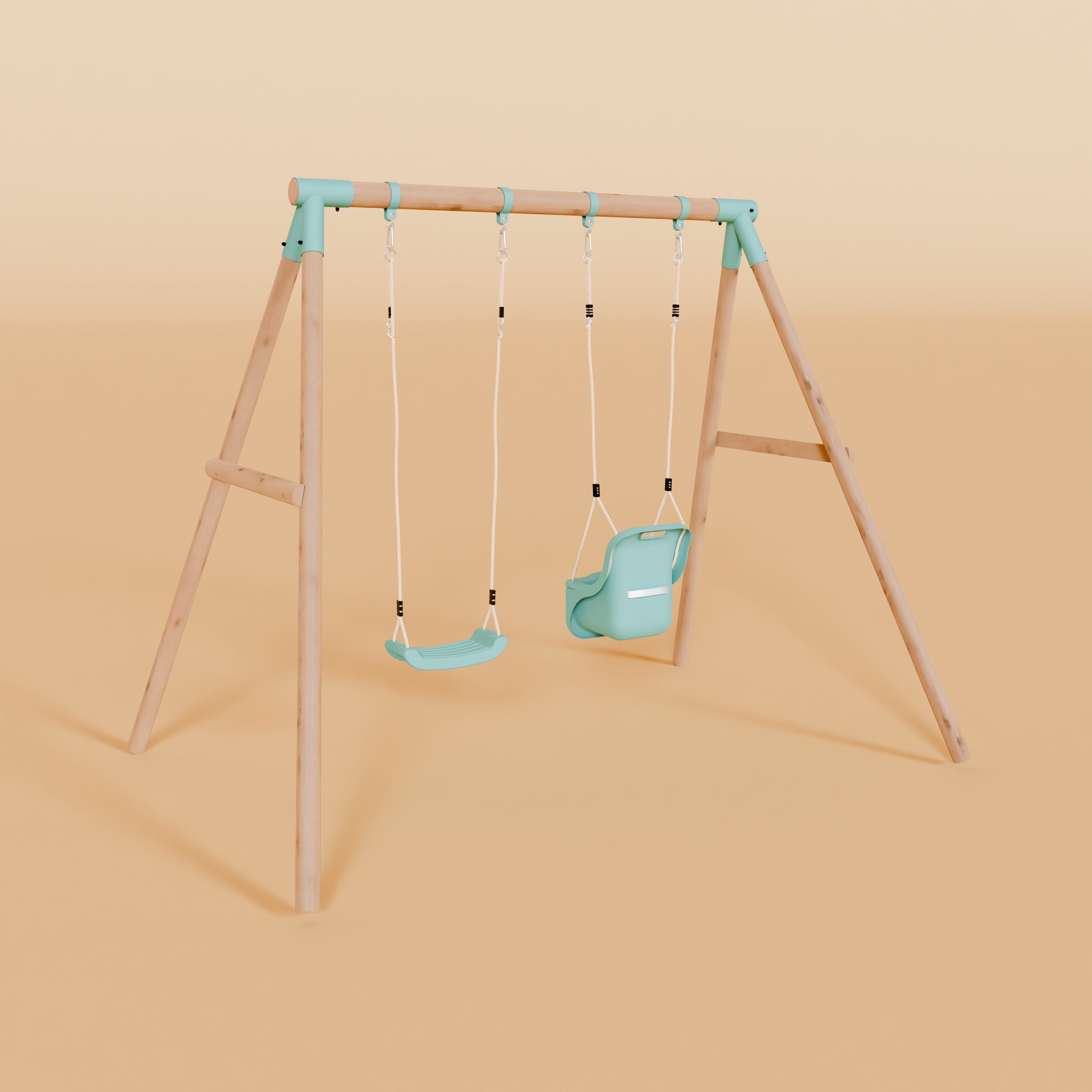 Children's swing set with two turquoise swings on a beige background
