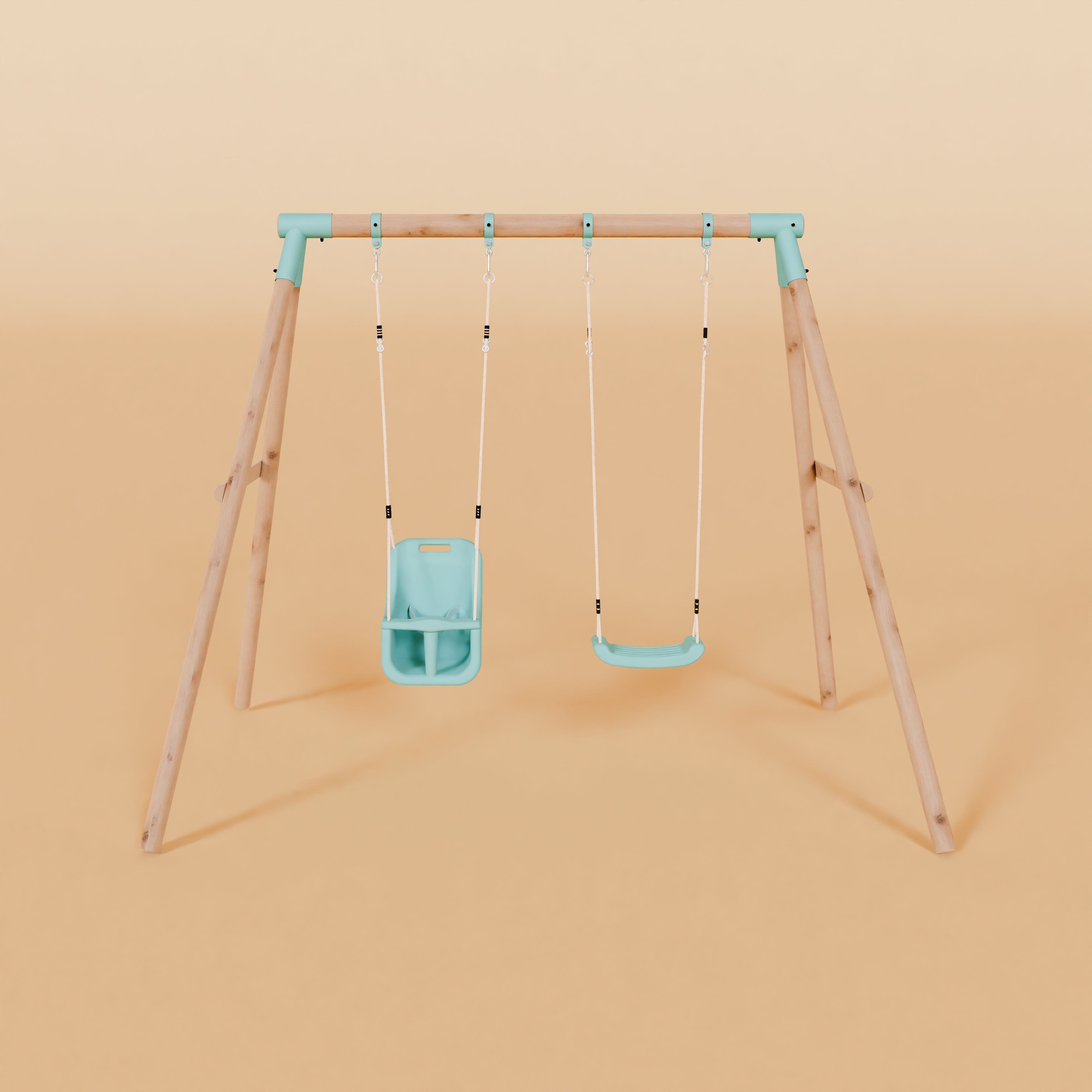 Children's swing set with blue seats on a beige background