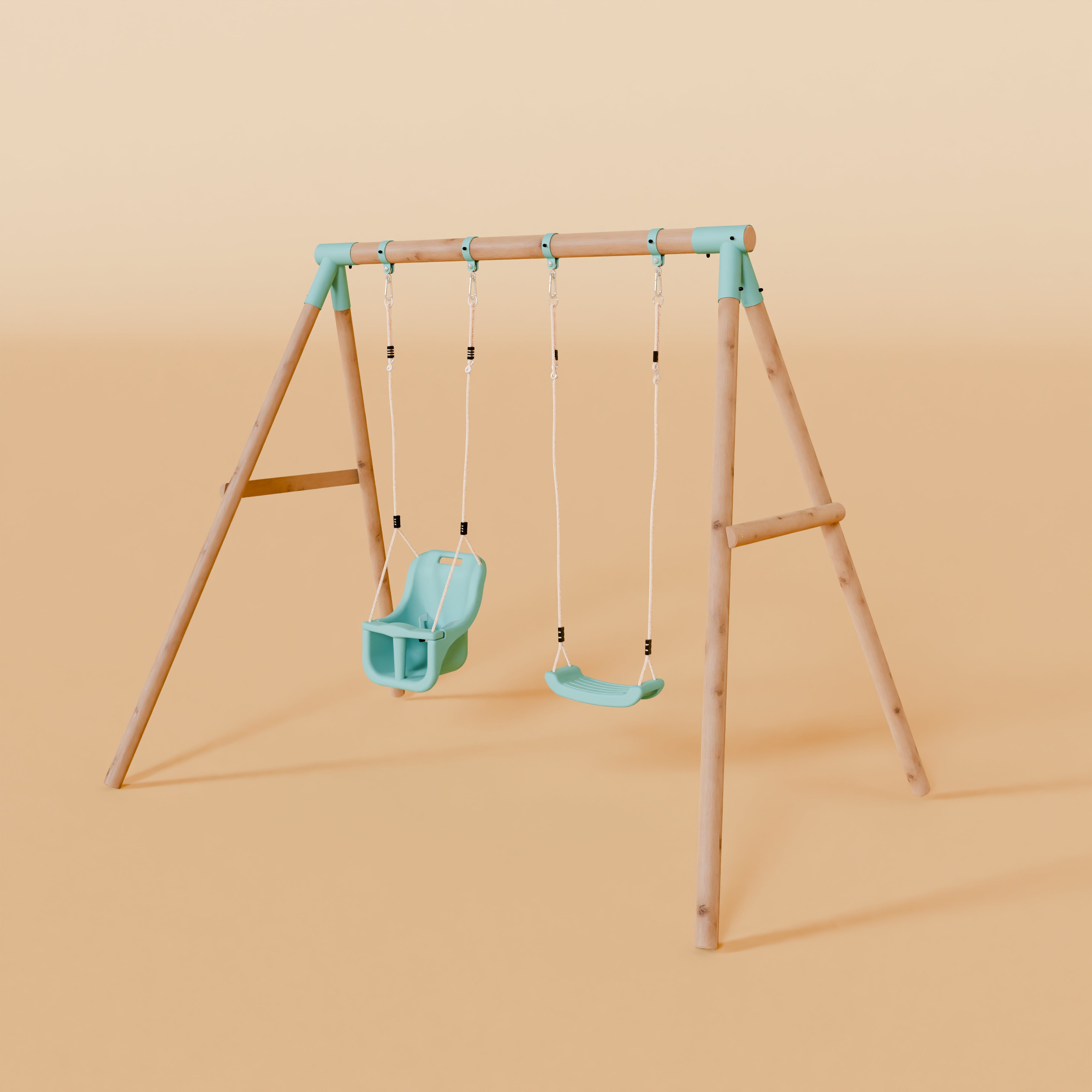 Children's swing set with two green swings on a beige background