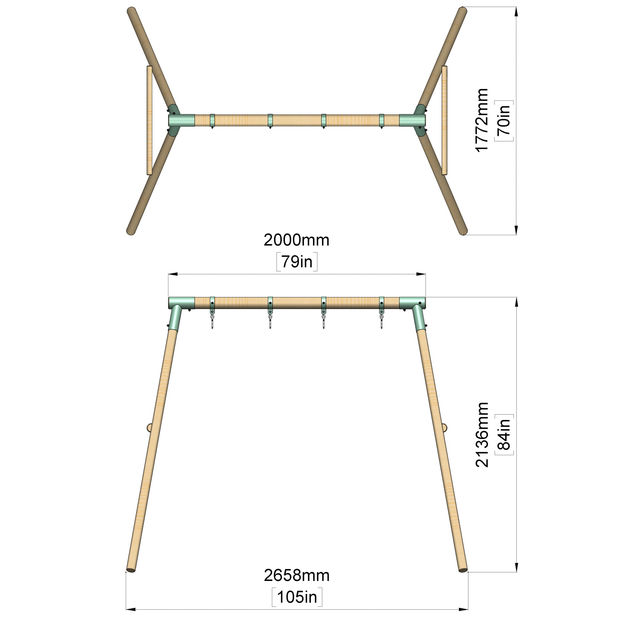 Dimensions of a wooden climbing frame with measurements in millimeters and inches.