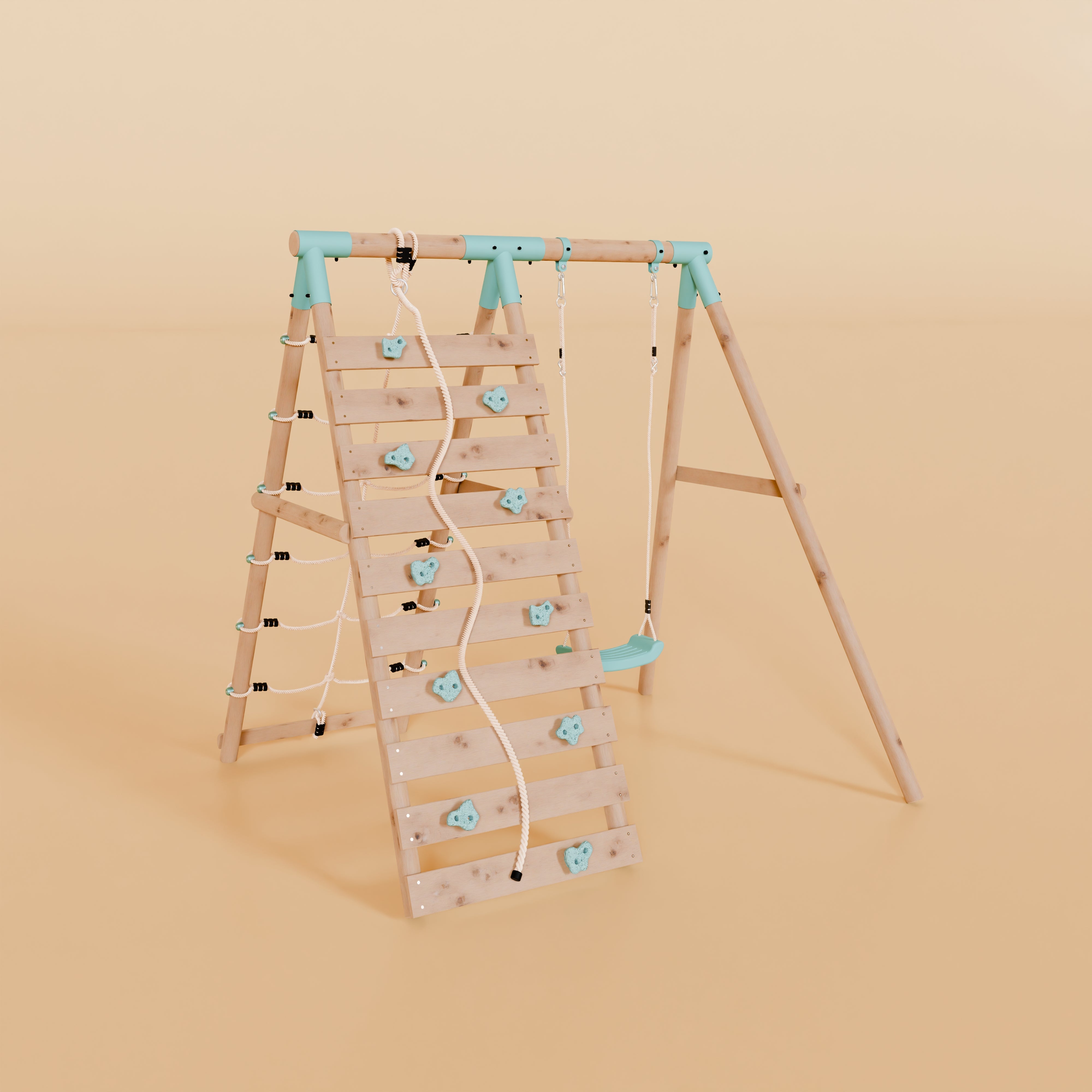 Wooden climbing frame with ladder and monkey bars on a beige background