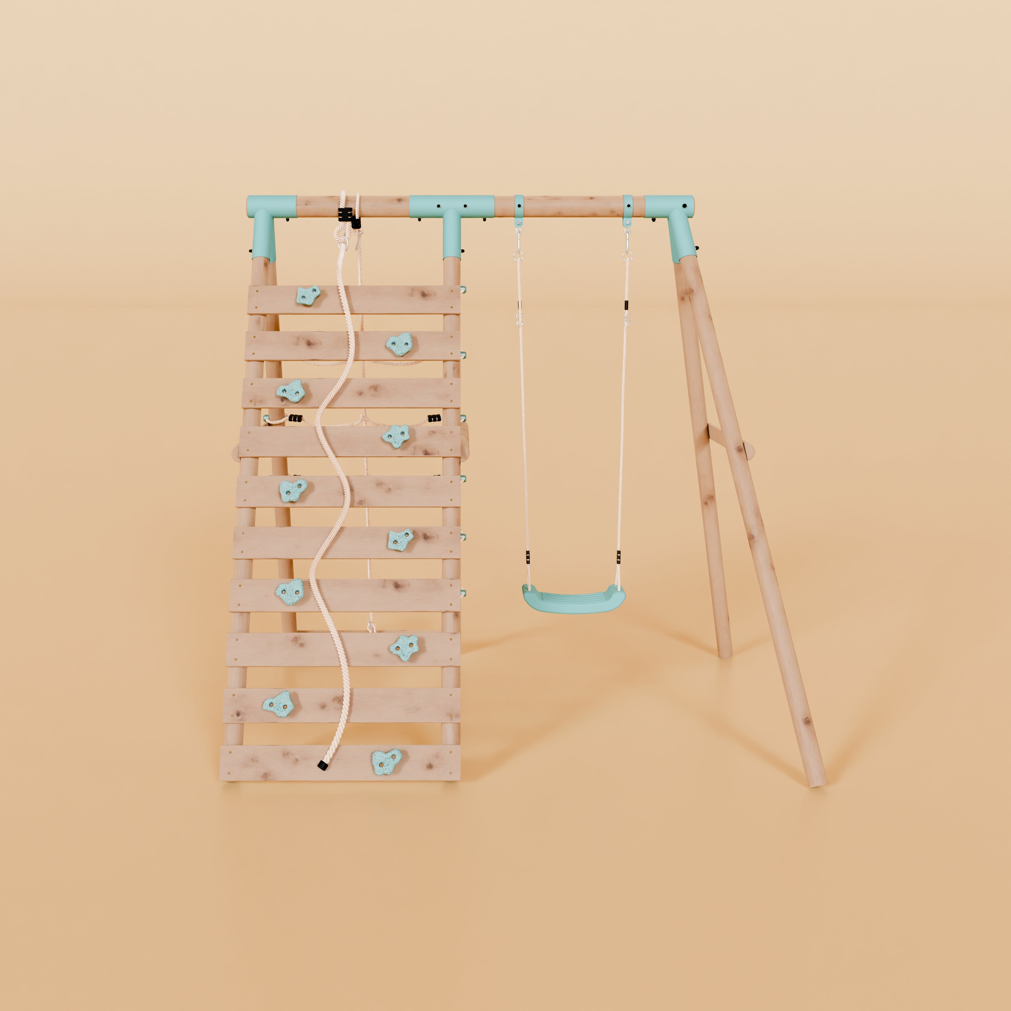 Wooden climbing wall with a swing on a beige background