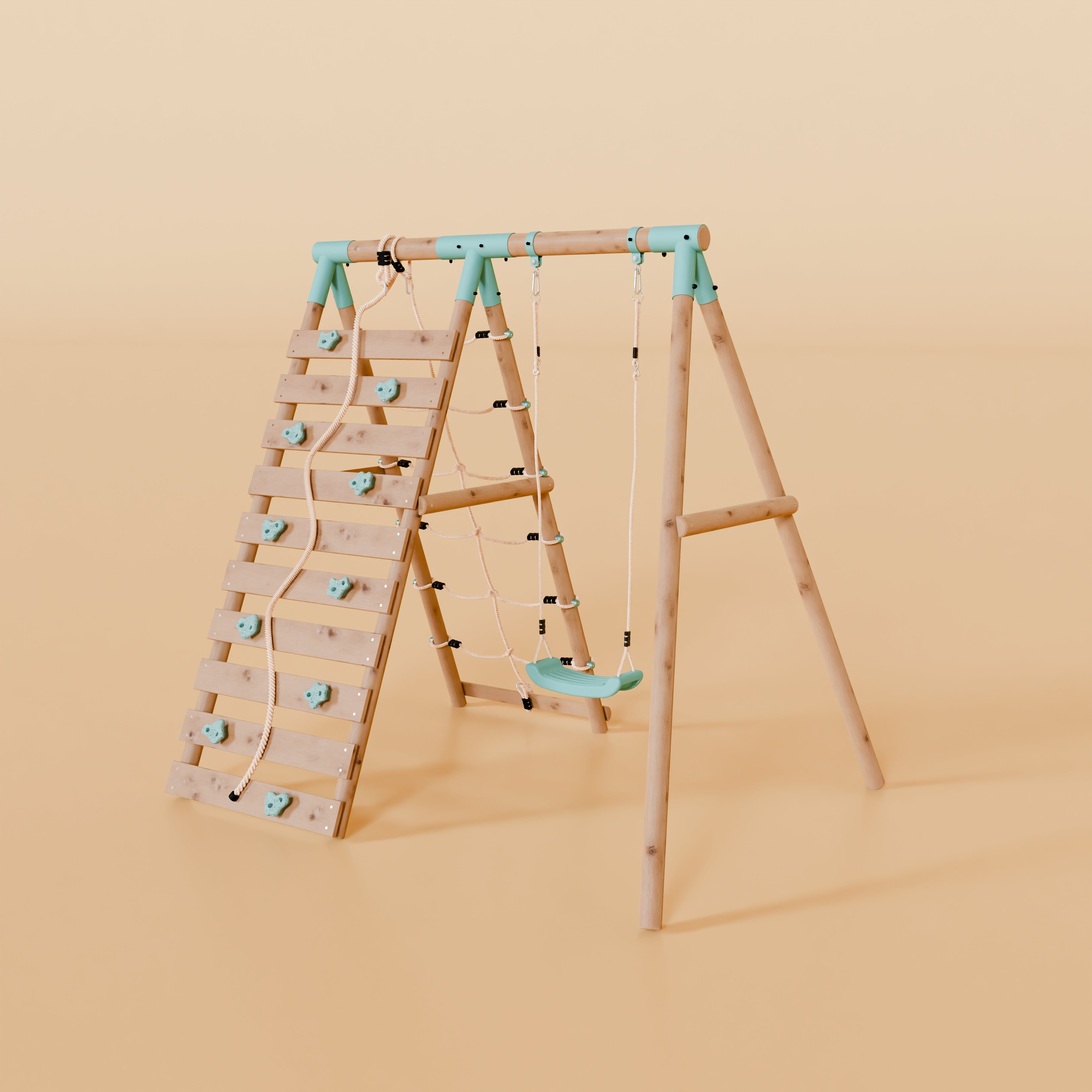 Children's wooden climbing frame with ladder and swing on a beige background