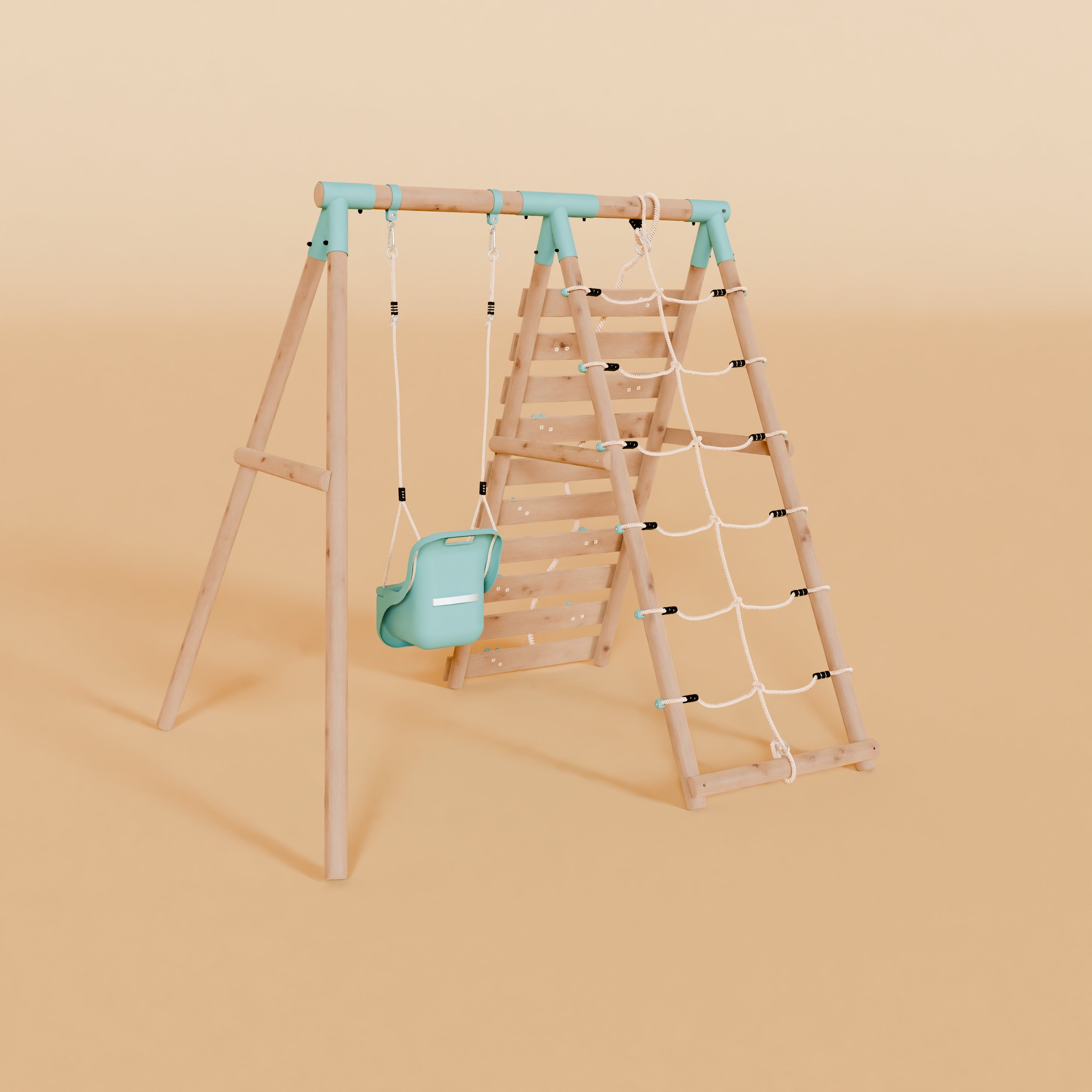 Children's play set with ladder and swing on a beige background
