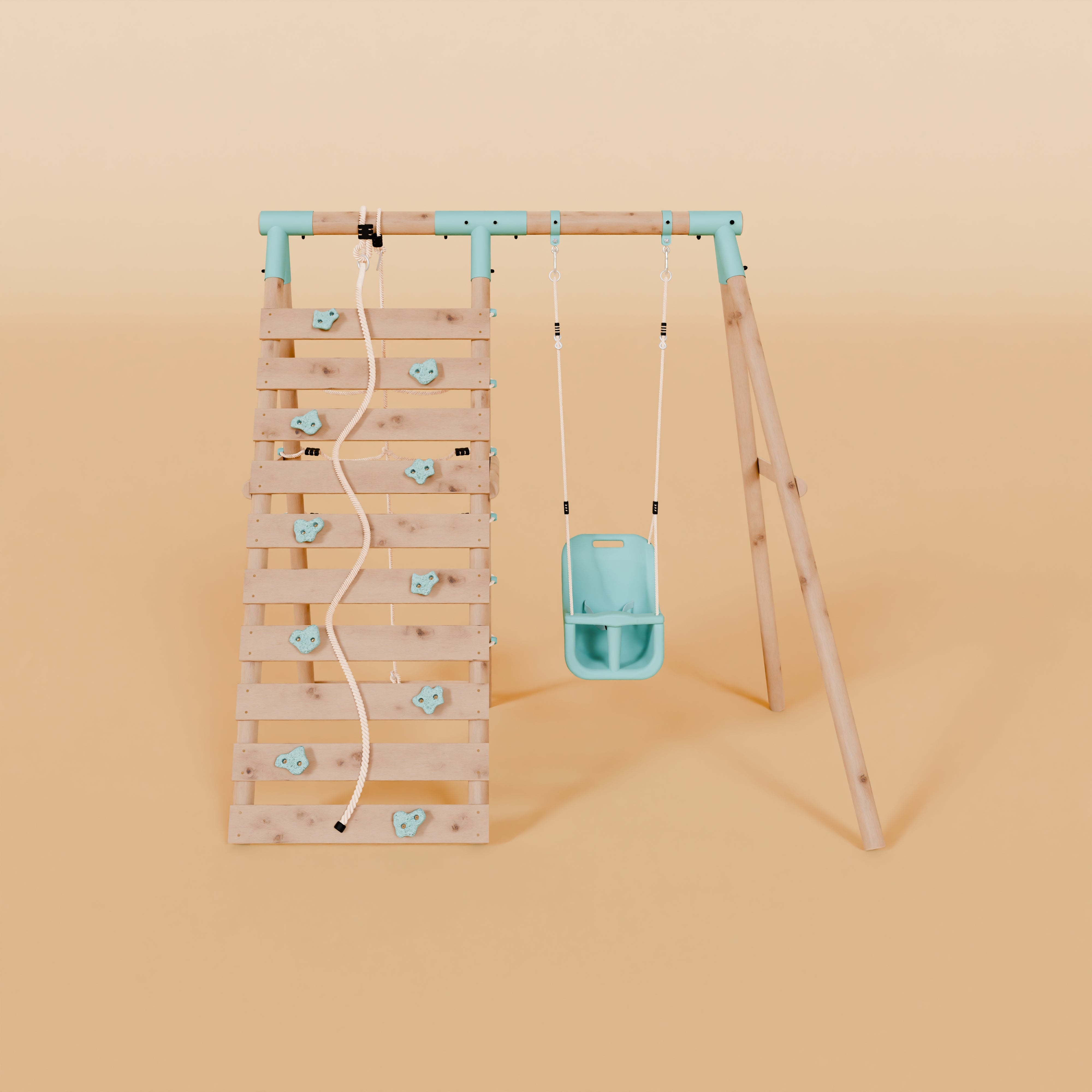 Children's play set with climbing wall and swing on a beige background