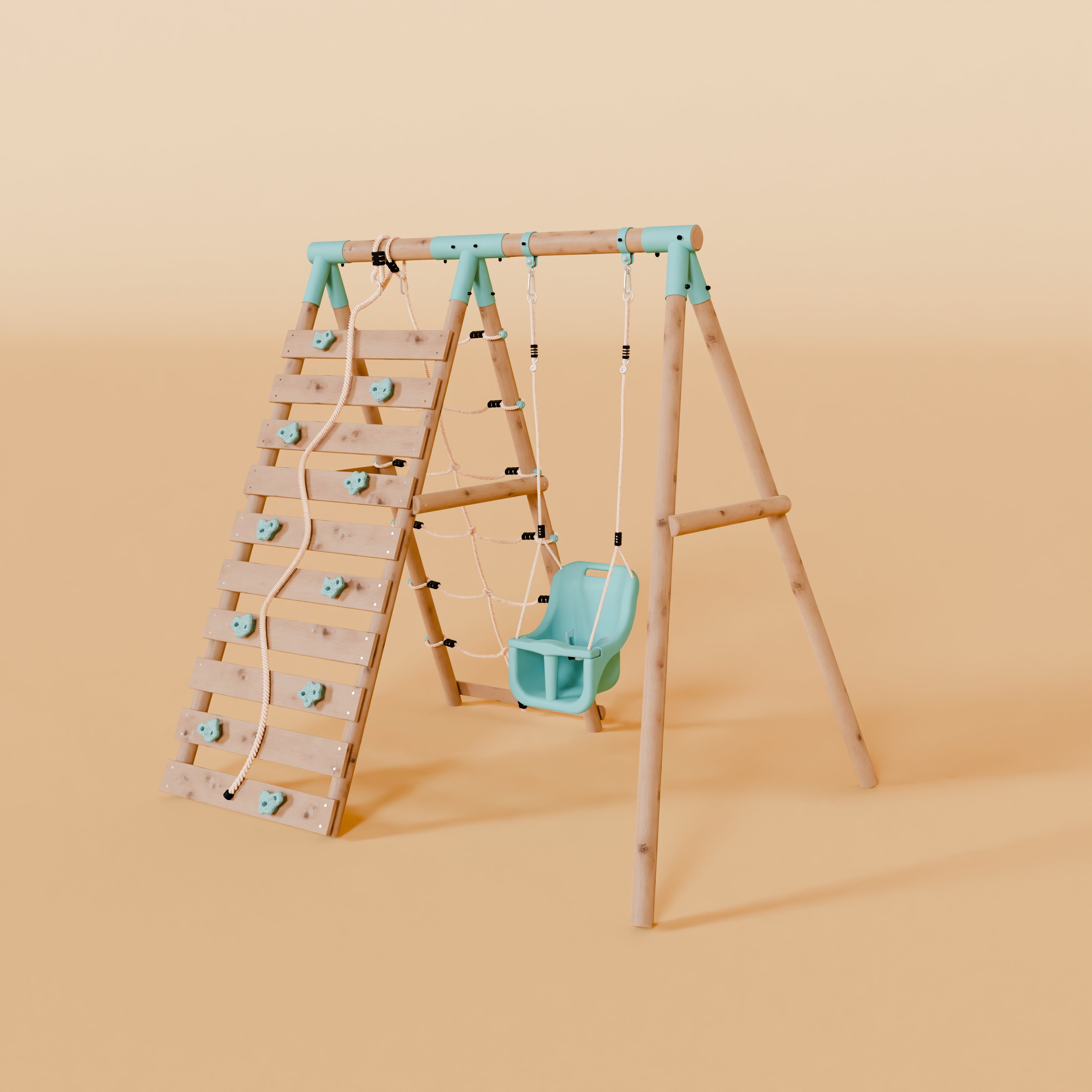 Children's wooden climbing frame with a swing on a beige background