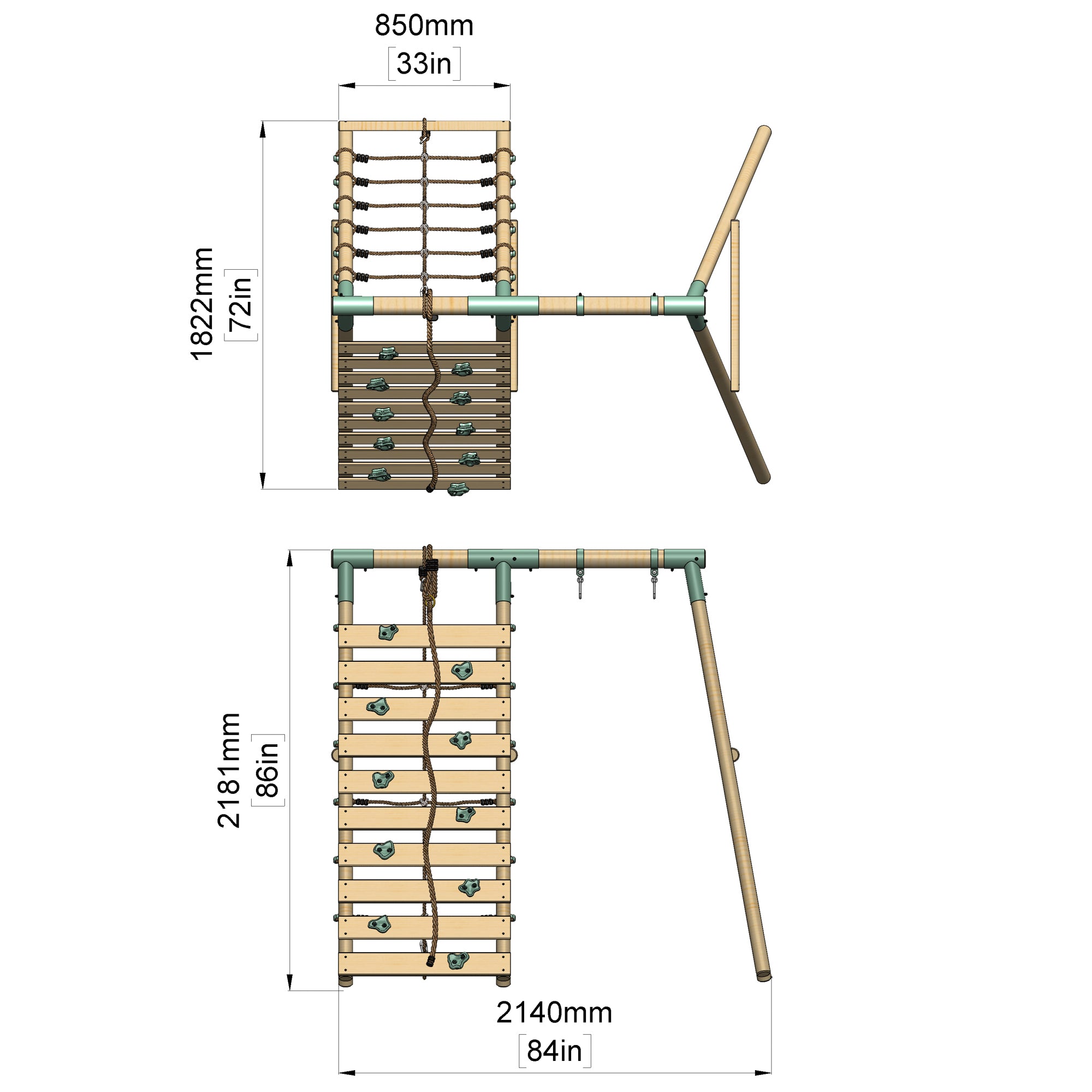 Dimensions of a wooden climbing frame with swing set on a white background