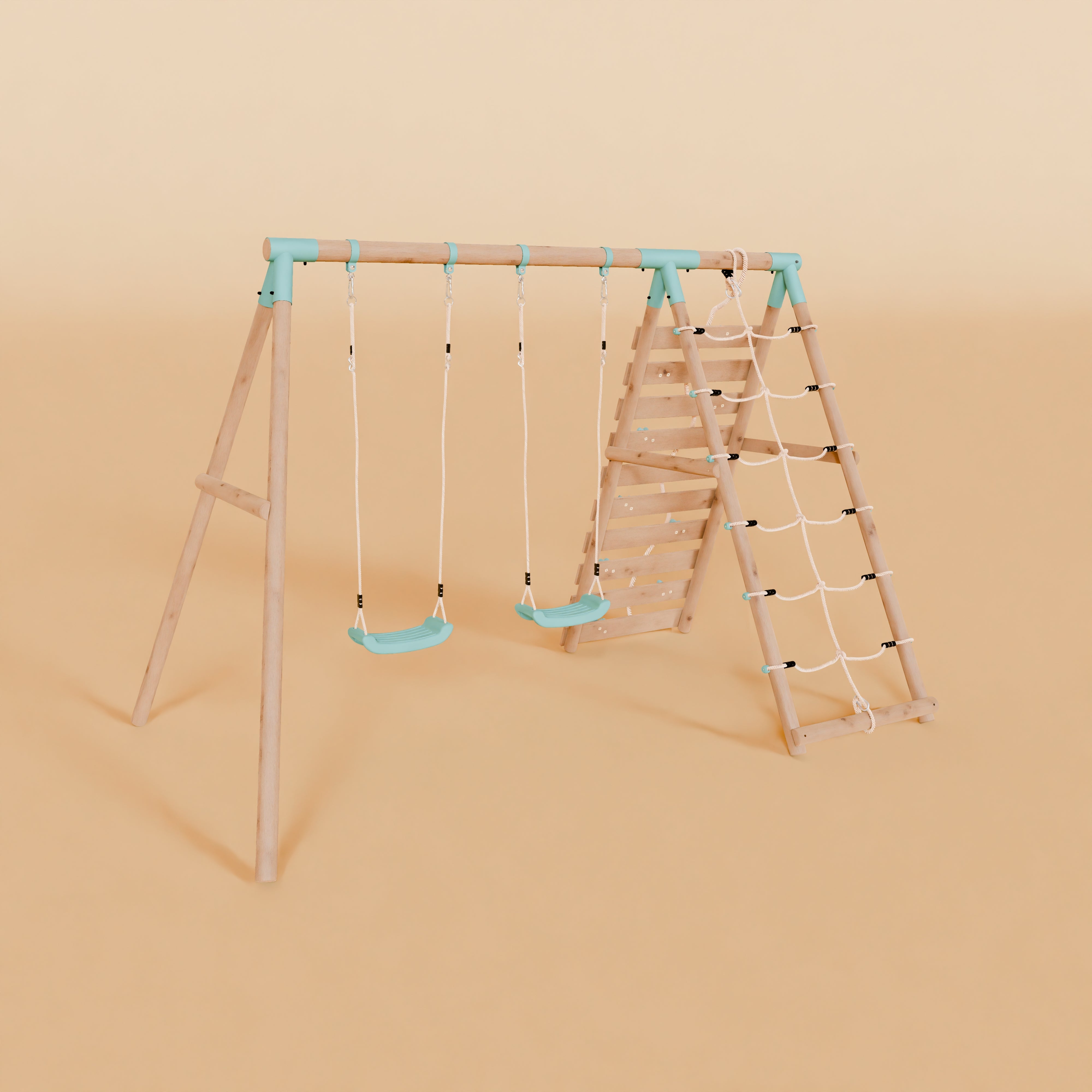Children's playset with swings and a ladder on a beige background
