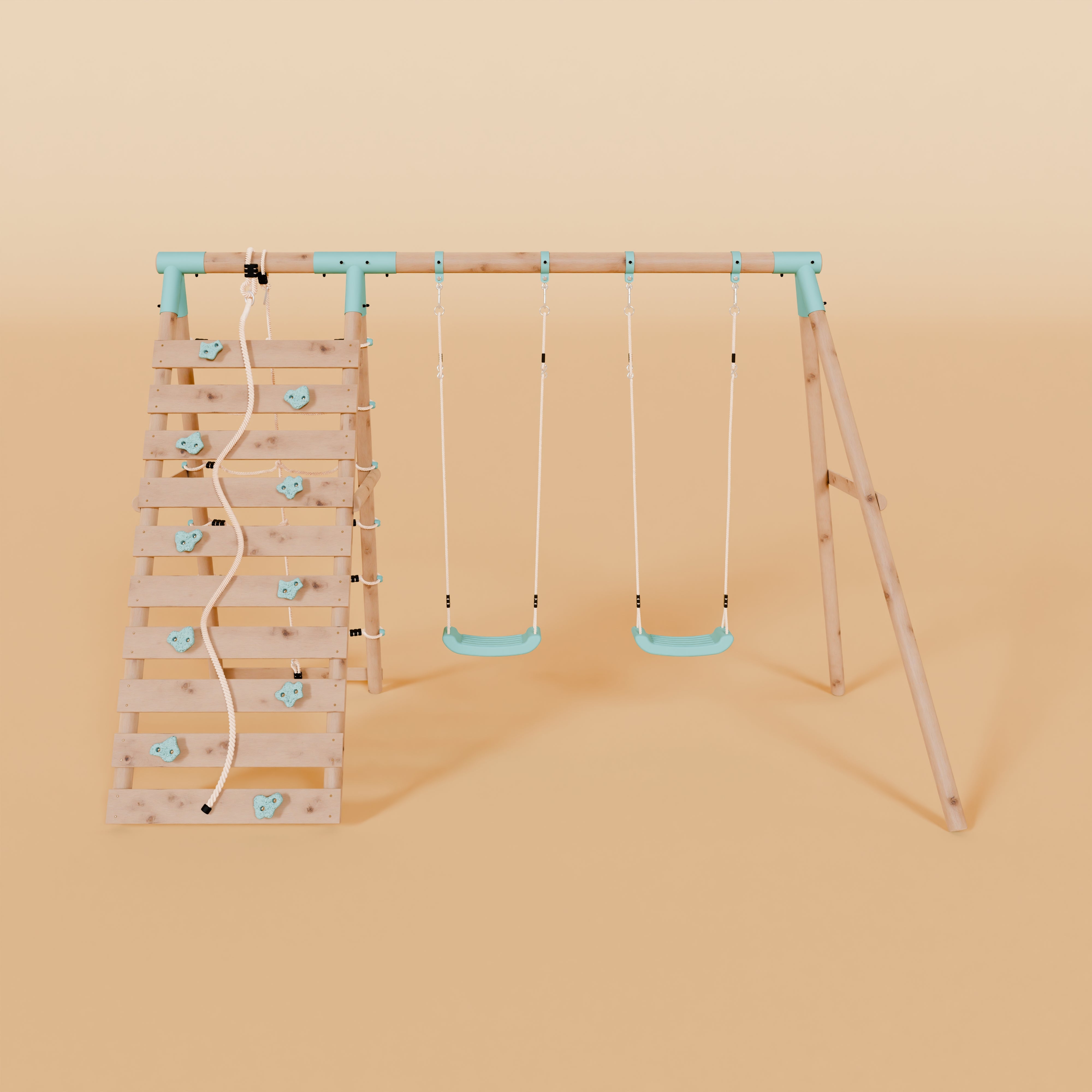 Wooden playground structure with ladder and swings on a beige background