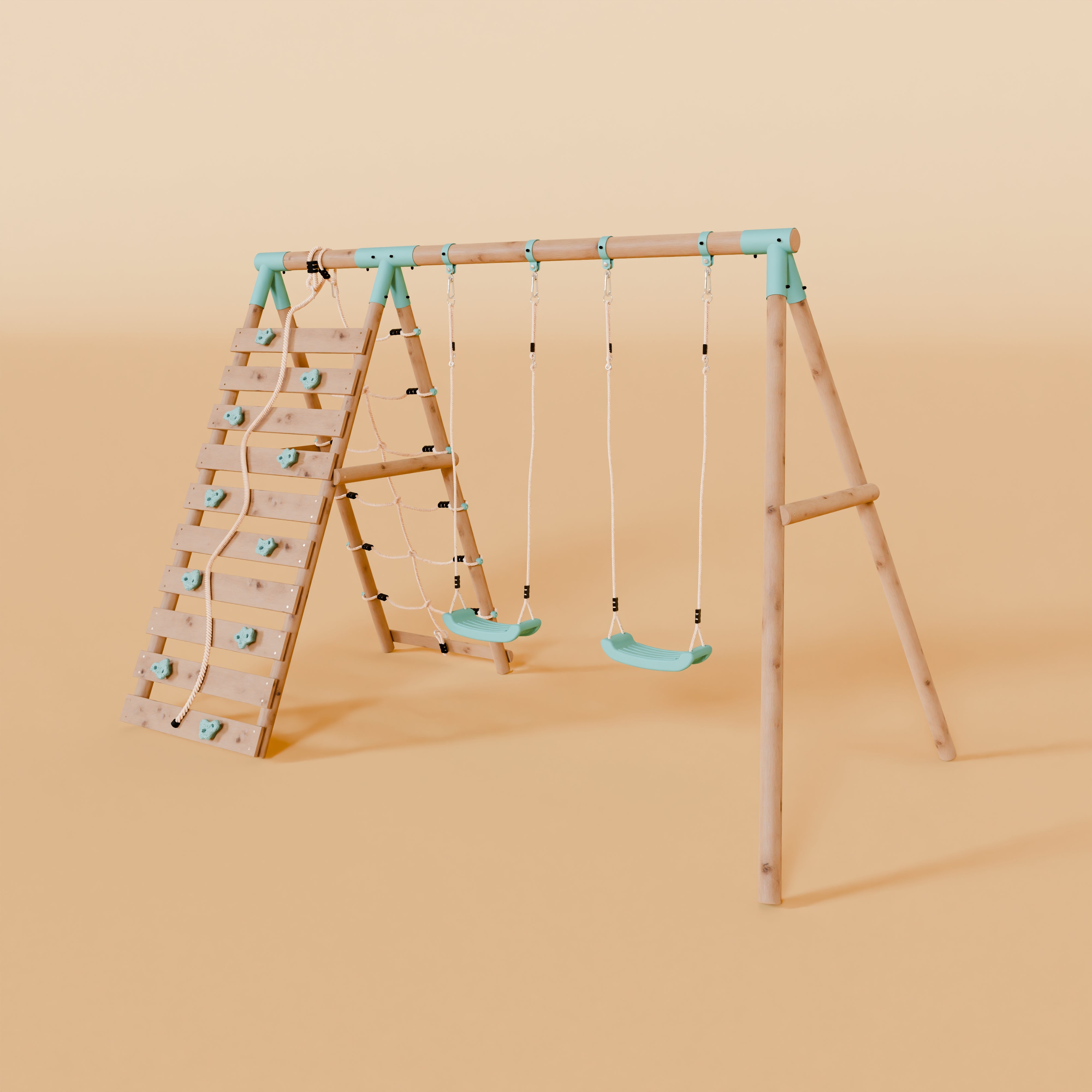 Children's wooden play set with ladder and swings on a beige background