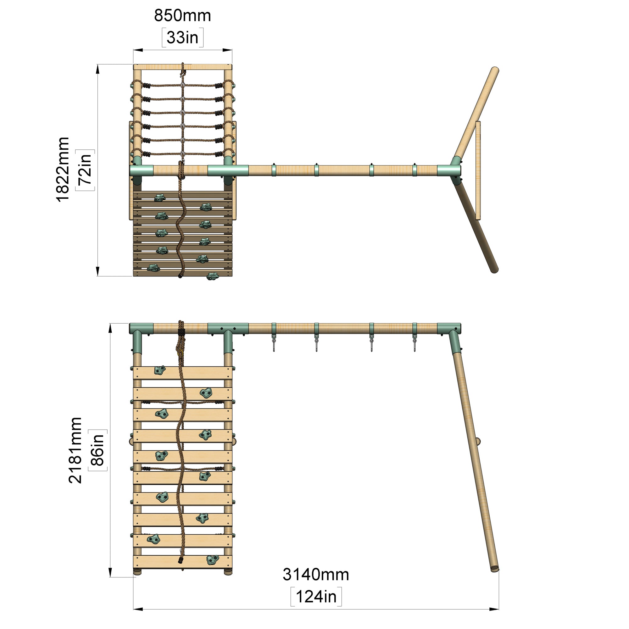 Dimensions of a wooden climbing frame with ropes and ladder on a white background