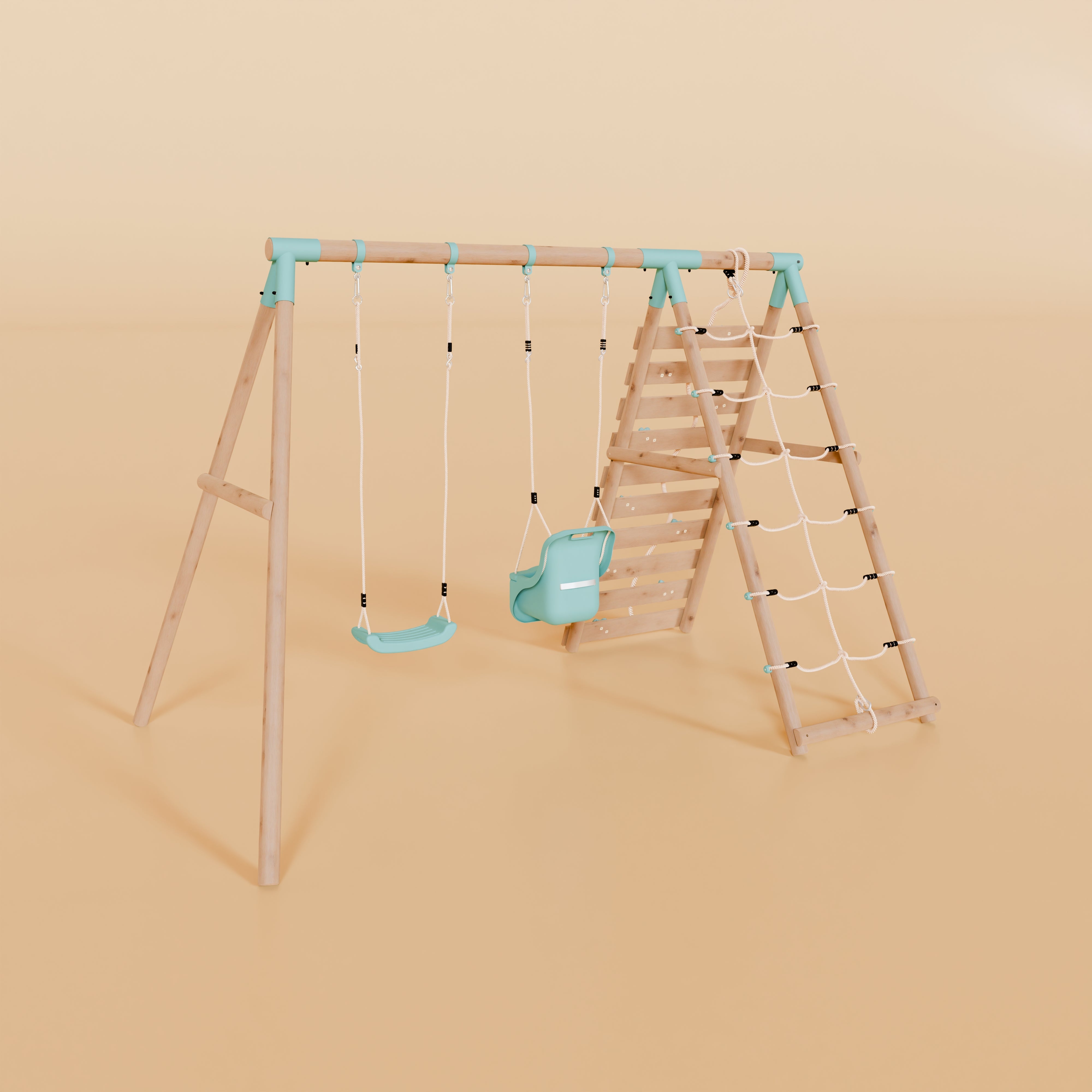 Children's playset with swing and ladder on a beige background