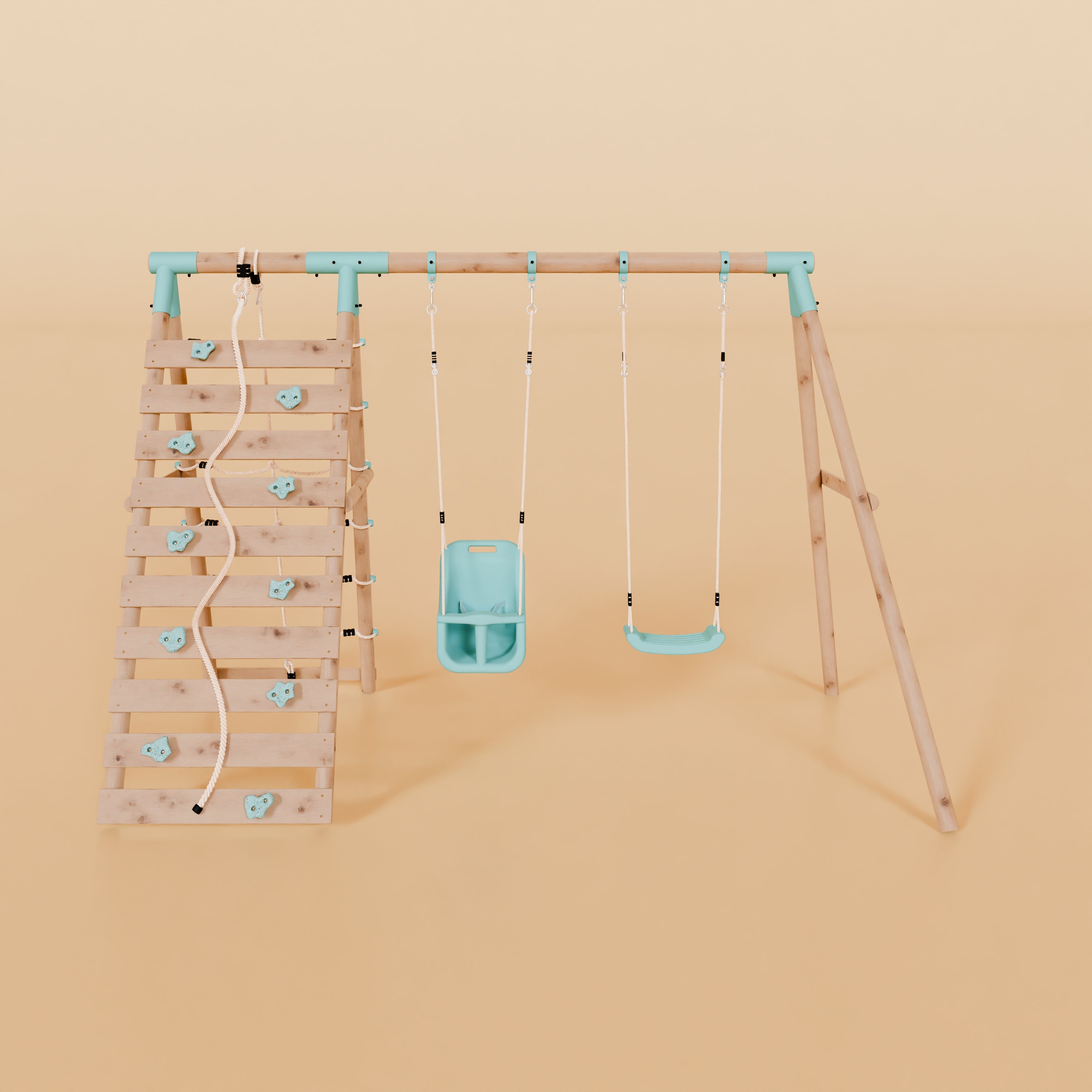 Double Wooden Swing Set With Baby Swing and Climbing Wall - Boulder Brook II