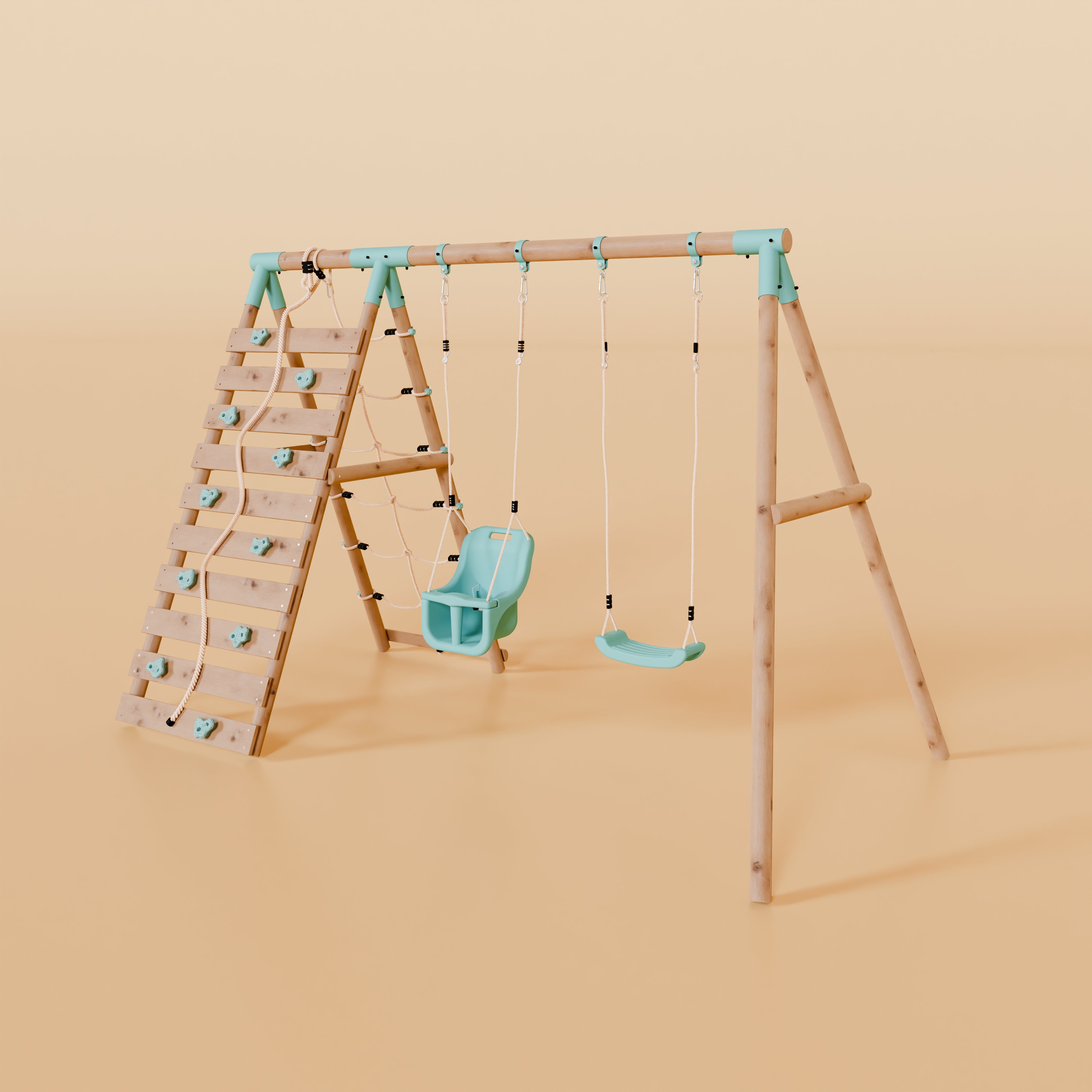Children's play set with ladder and swings on a beige background