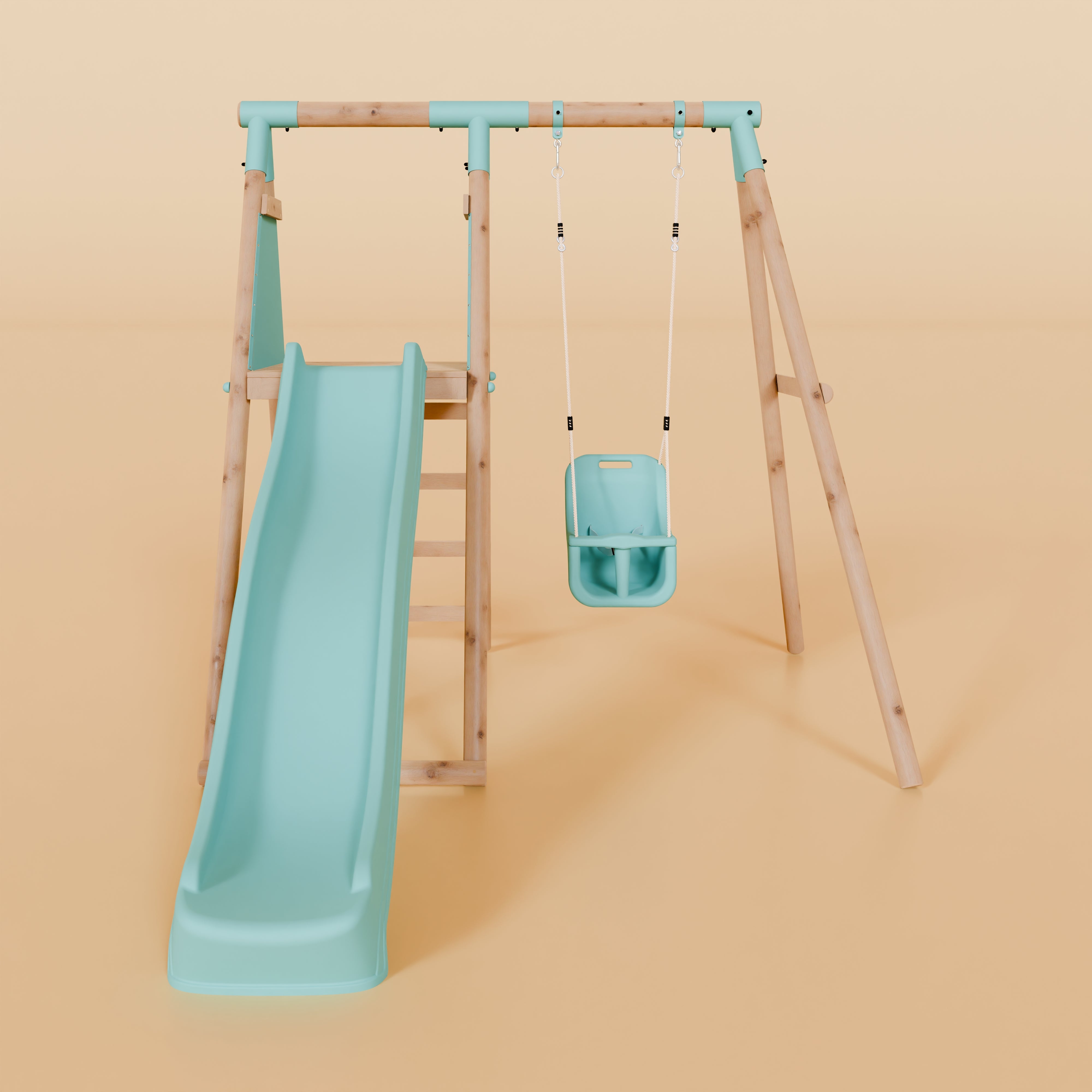 Children's playground set with slide and swing on a beige background