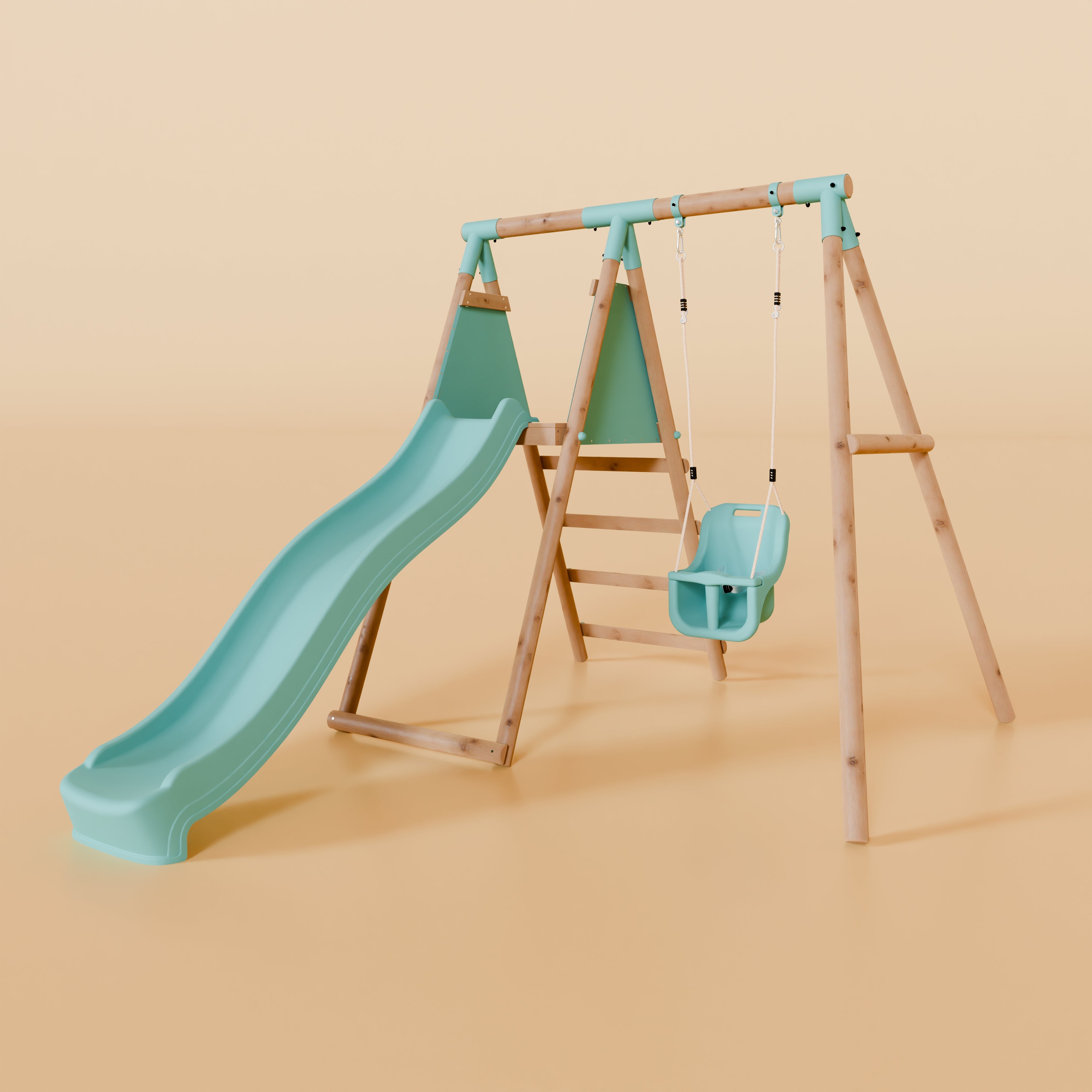 Children's swing set with slide and ladder on a beige background